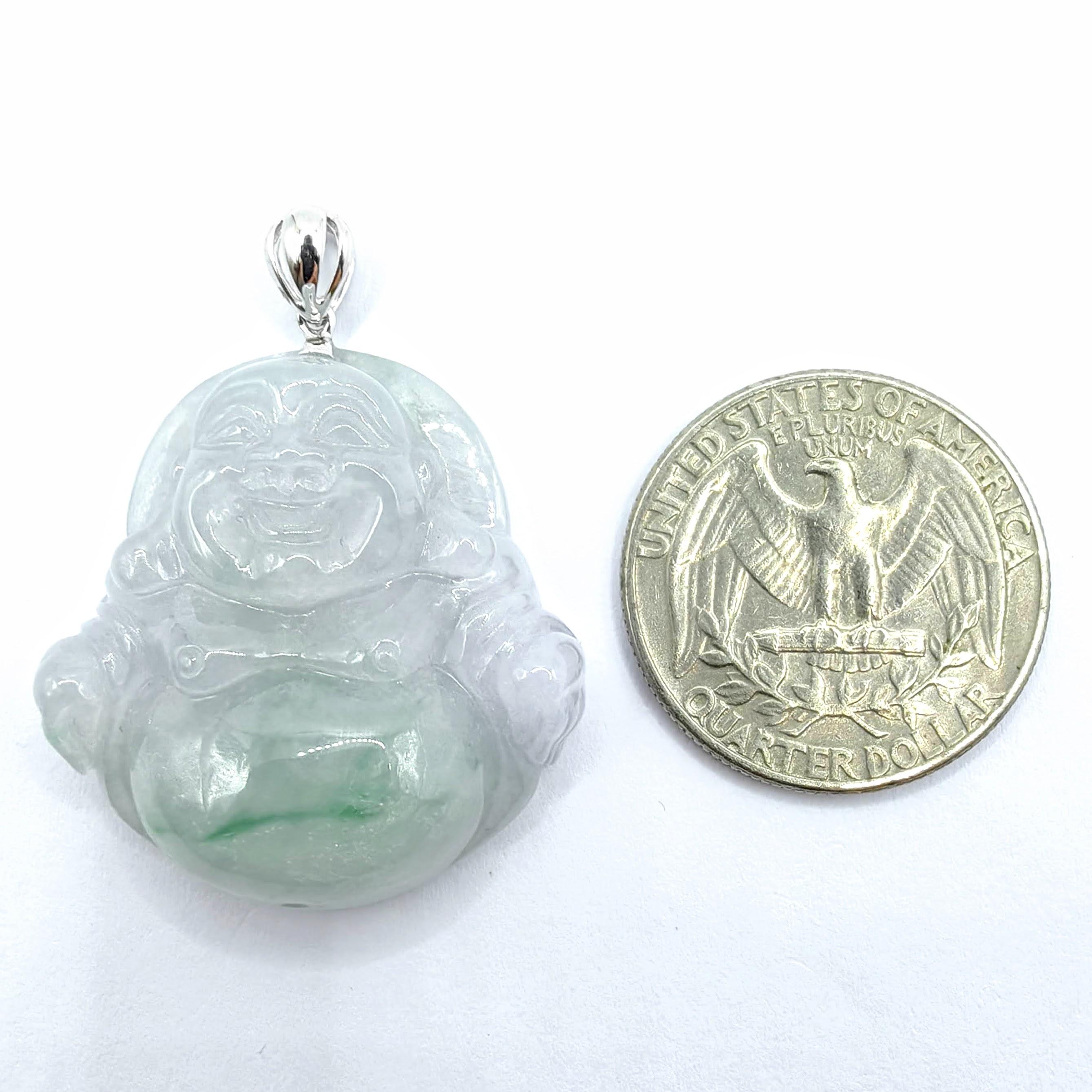 Ice Green Jadeite Jade Laughing Buddha Pendant in 18K White Gold (Certified) For Sale 1