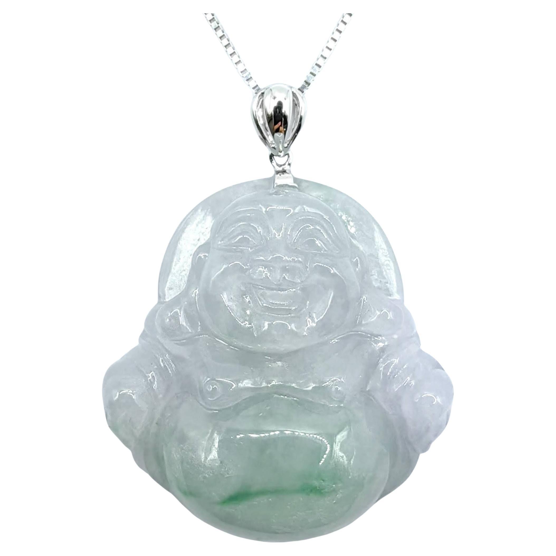 Ice Green Jadeite Jade Laughing Buddha Pendant in 18K White Gold (Certified)