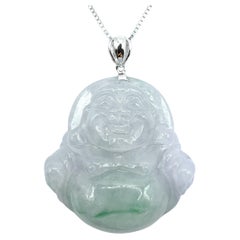 Ice Green Jadeite Jade Laughing Buddha Pendant in 18K White Gold (Certified)