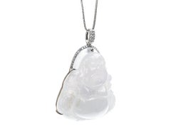 Ice Jadeite Jade Buddha and Diamond Pendant, Certified Untreated