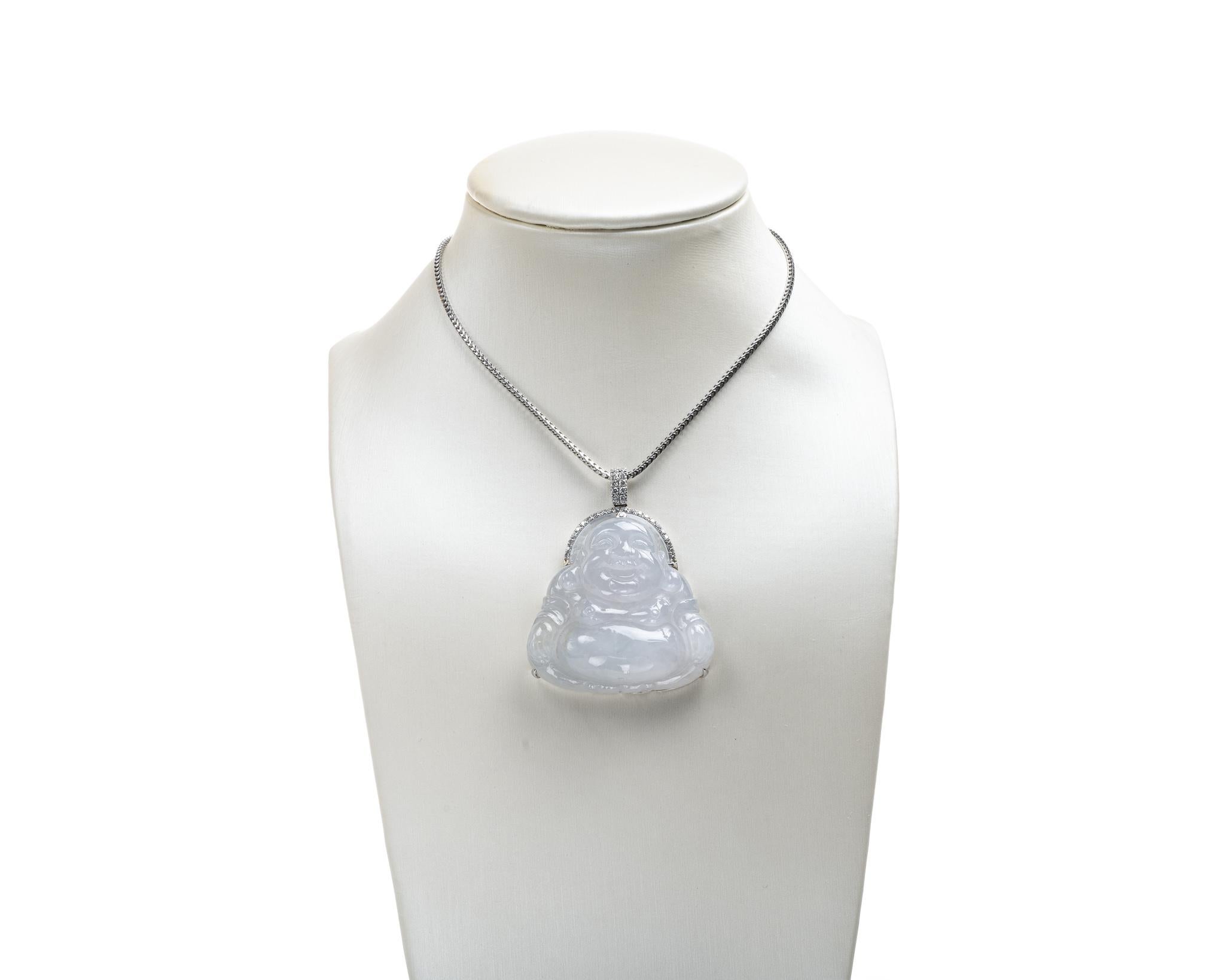 Contemporary Ice Jadeite Jade Buddha and Diamond Pendant, Certified Untreated For Sale