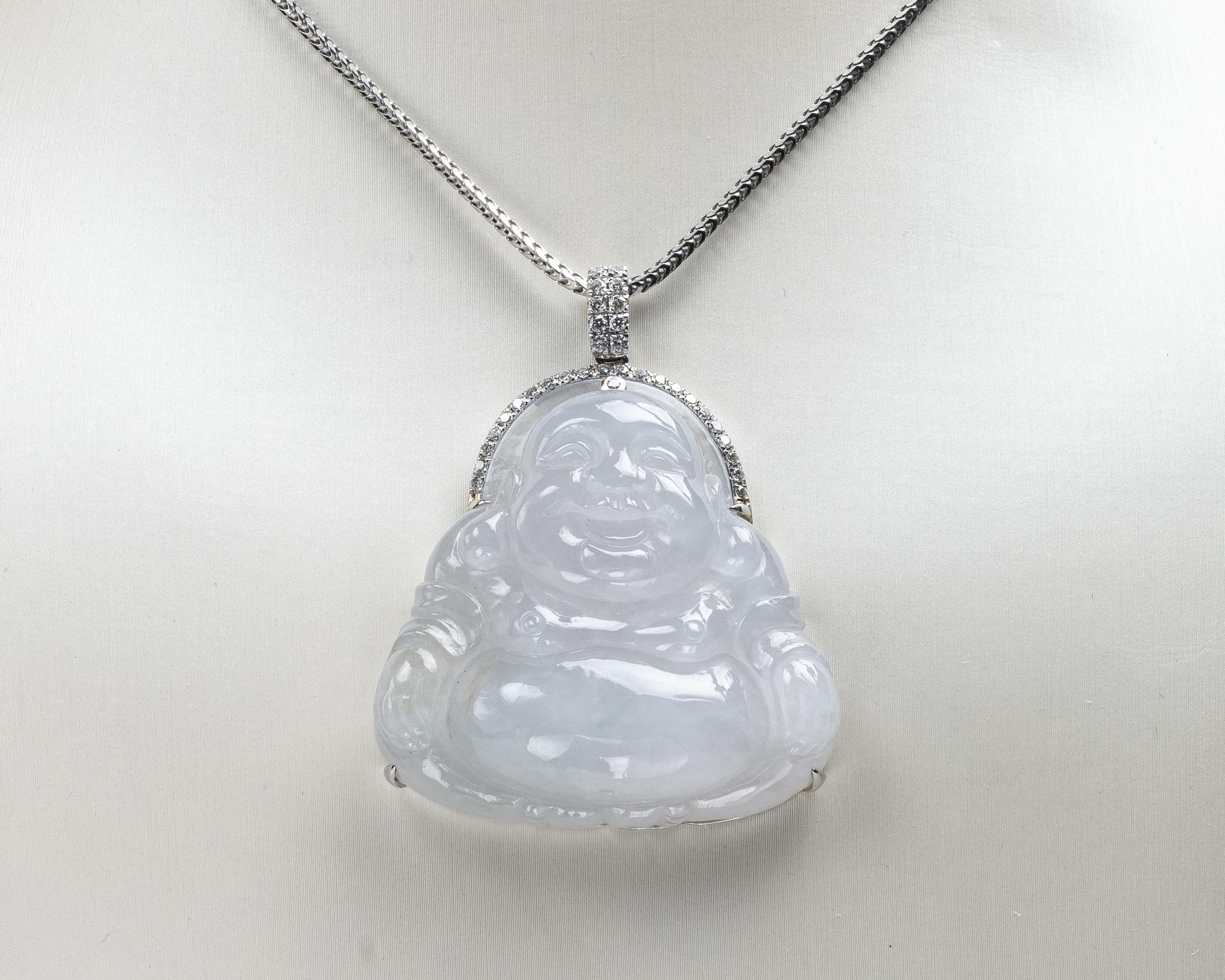 Rough Cut Ice Jadeite Jade Buddha and Diamond Pendant, Certified Untreated For Sale