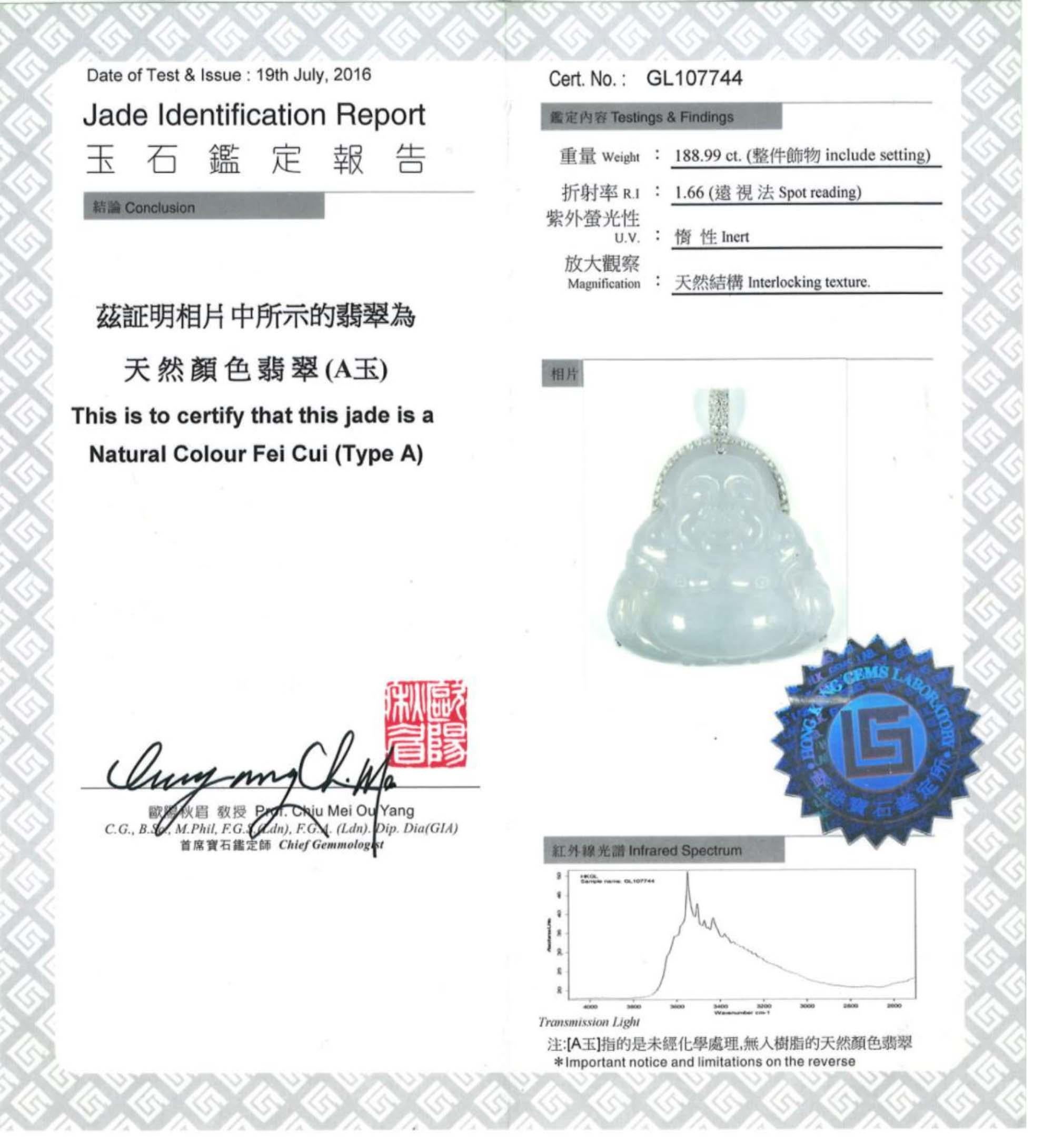 Pendentif Bouddha en jadéite de glace et diamants, certifié non traité en vente 2