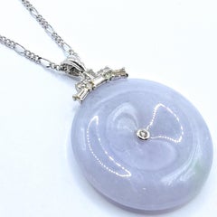 Ice Lavender Translucent Jadeite Donut Peace Disc Diamond 18K White Gold Pendant