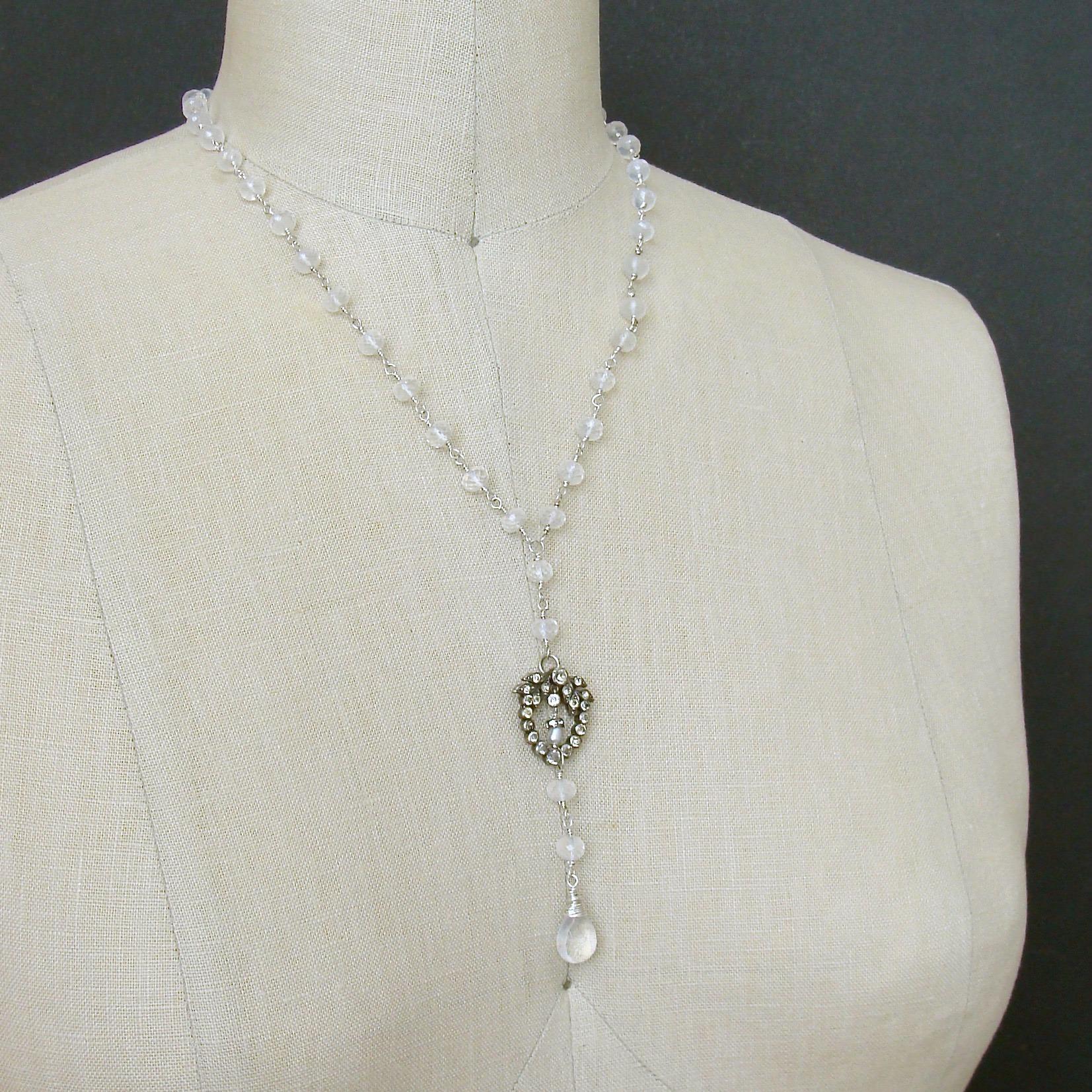 Women's Ice Quartz Victorian Silver Paste Heart Pendant Necklace For Sale