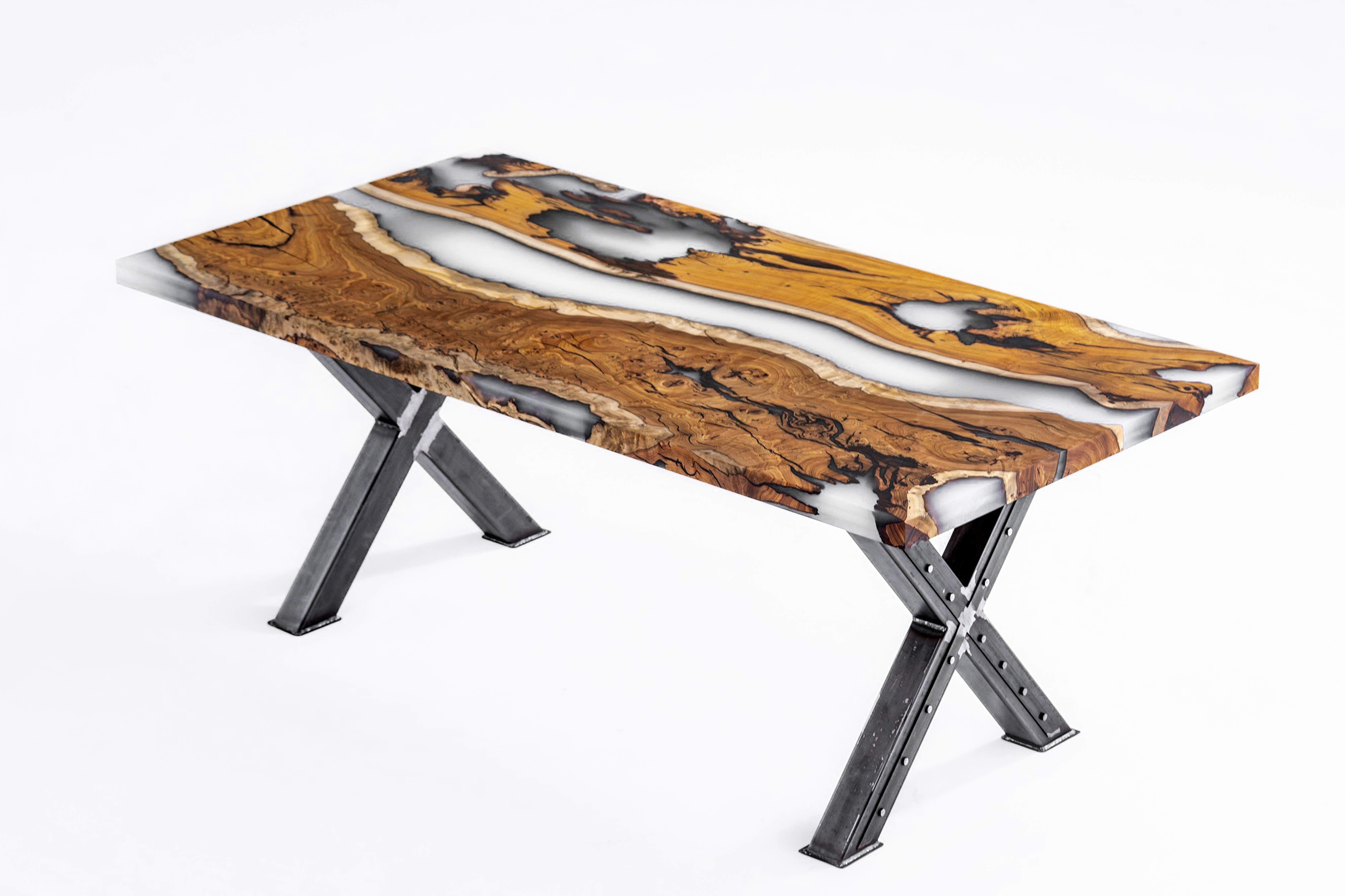 Modern Ice Resin River Hackberry Wood Dining Table For Sale