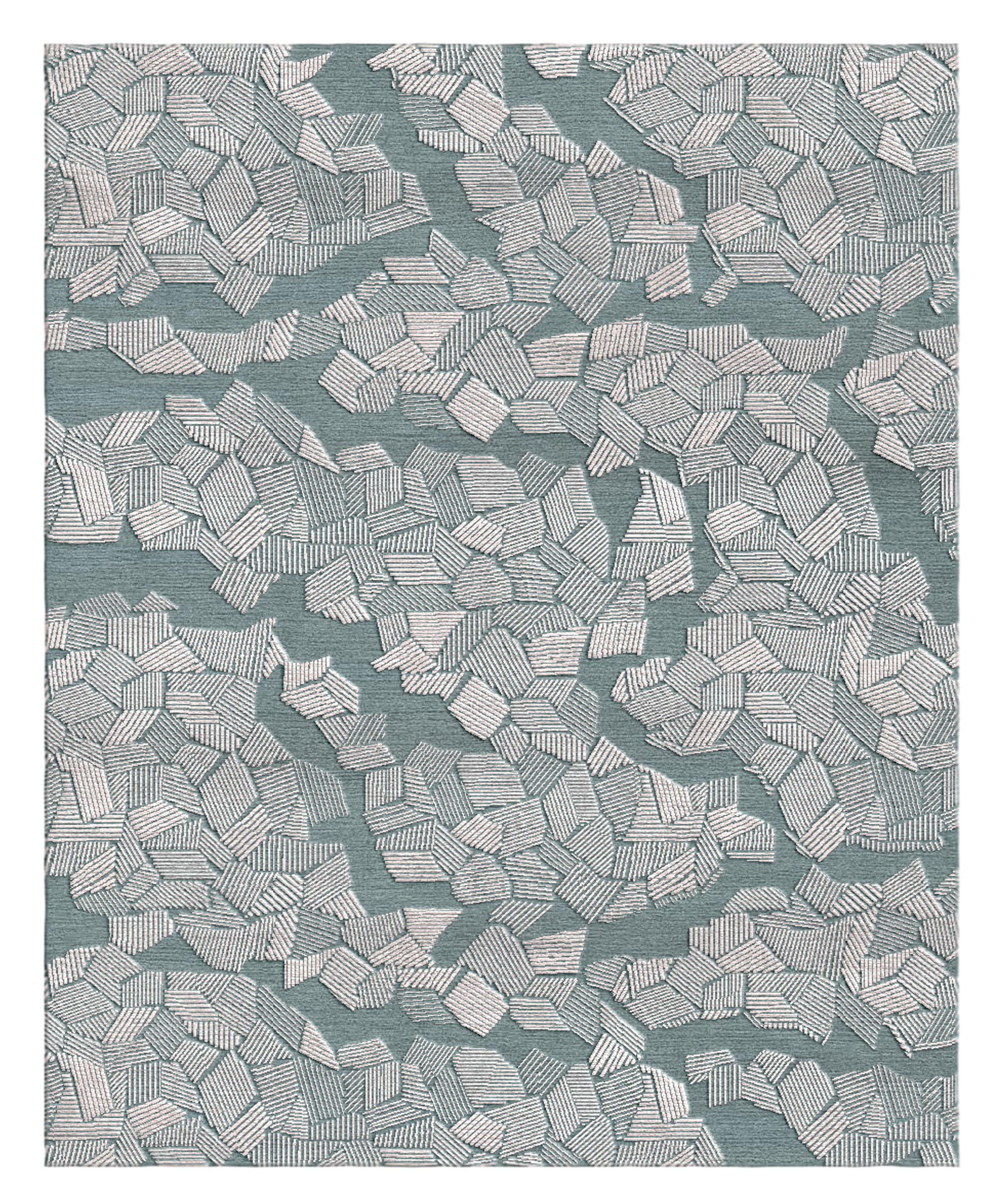Ice Rug von Volver Studios
Abmessungen: B 250 x L 350 cm.
MATERIALIEN: Wolle und Bambus.

Erhältlich in sieben verschiedenen Größen: 90 x 240 cm, 140 x 200 cm, 170 x 240 cm, 200 x 300 cm, 250 x 350 cm, 300 x 400 cm und 350 x 450 cm. Auch in