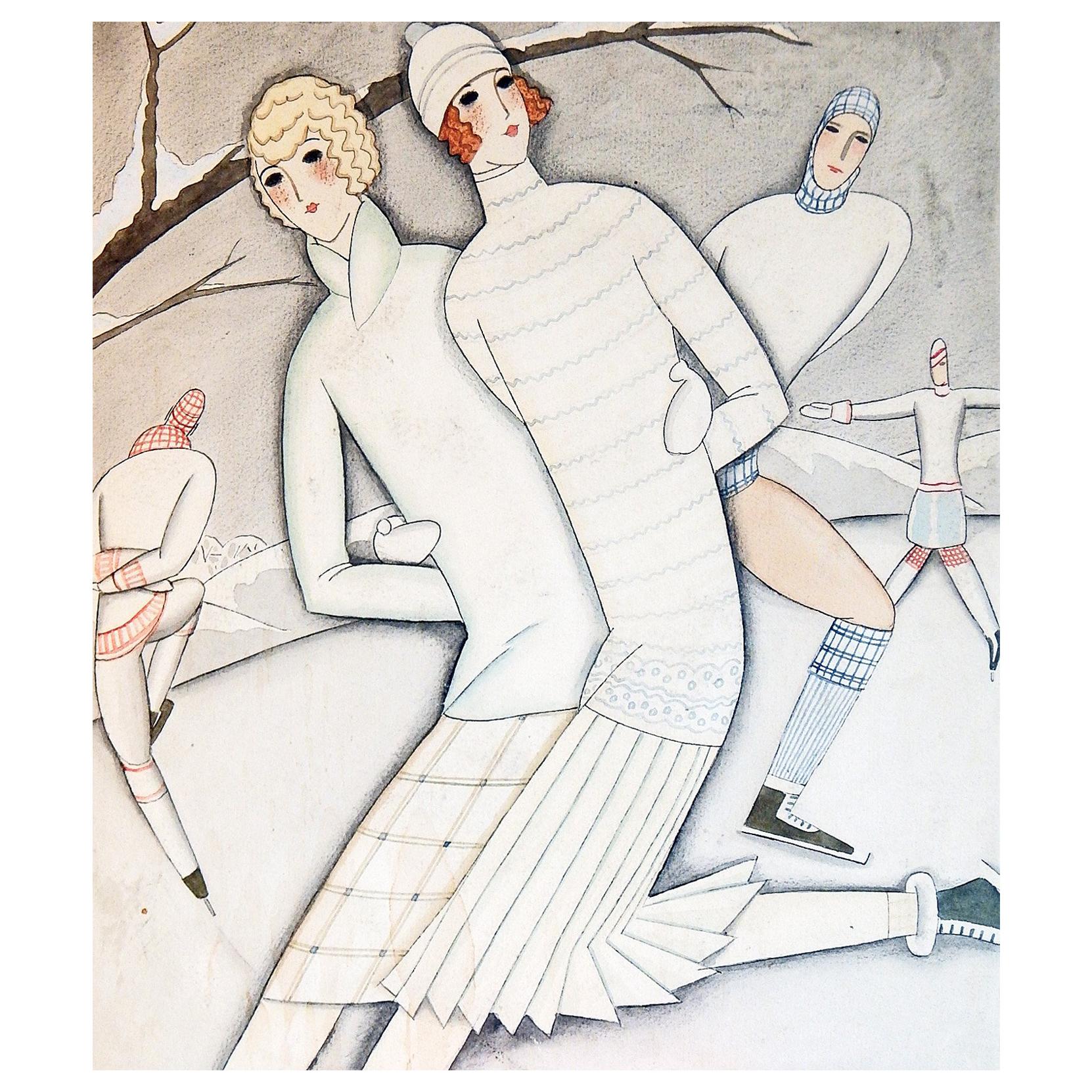 "Ice Skating, " Fabulous, High Style Art Deco Painting for B. Altman Dept. Store