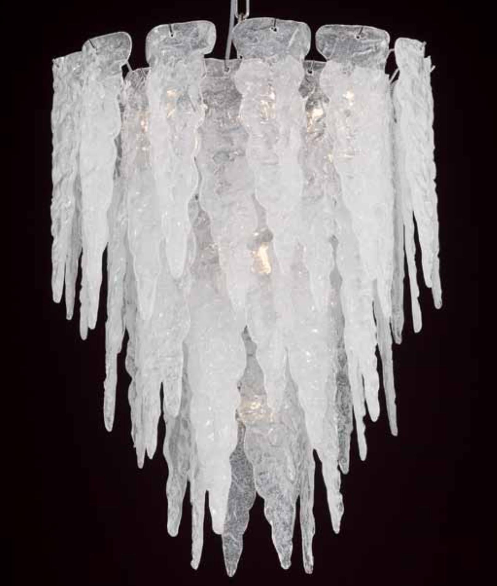 Italian chandelier shown with milky white Murano ice spikes glasses mounted on chrome finish frame, inspired by Mazzega / Made in Italy
7 lights / E12 or E14 type / max 40W each
Measures: Diameter 21.5 inches / height 27.5 inches plus chain and