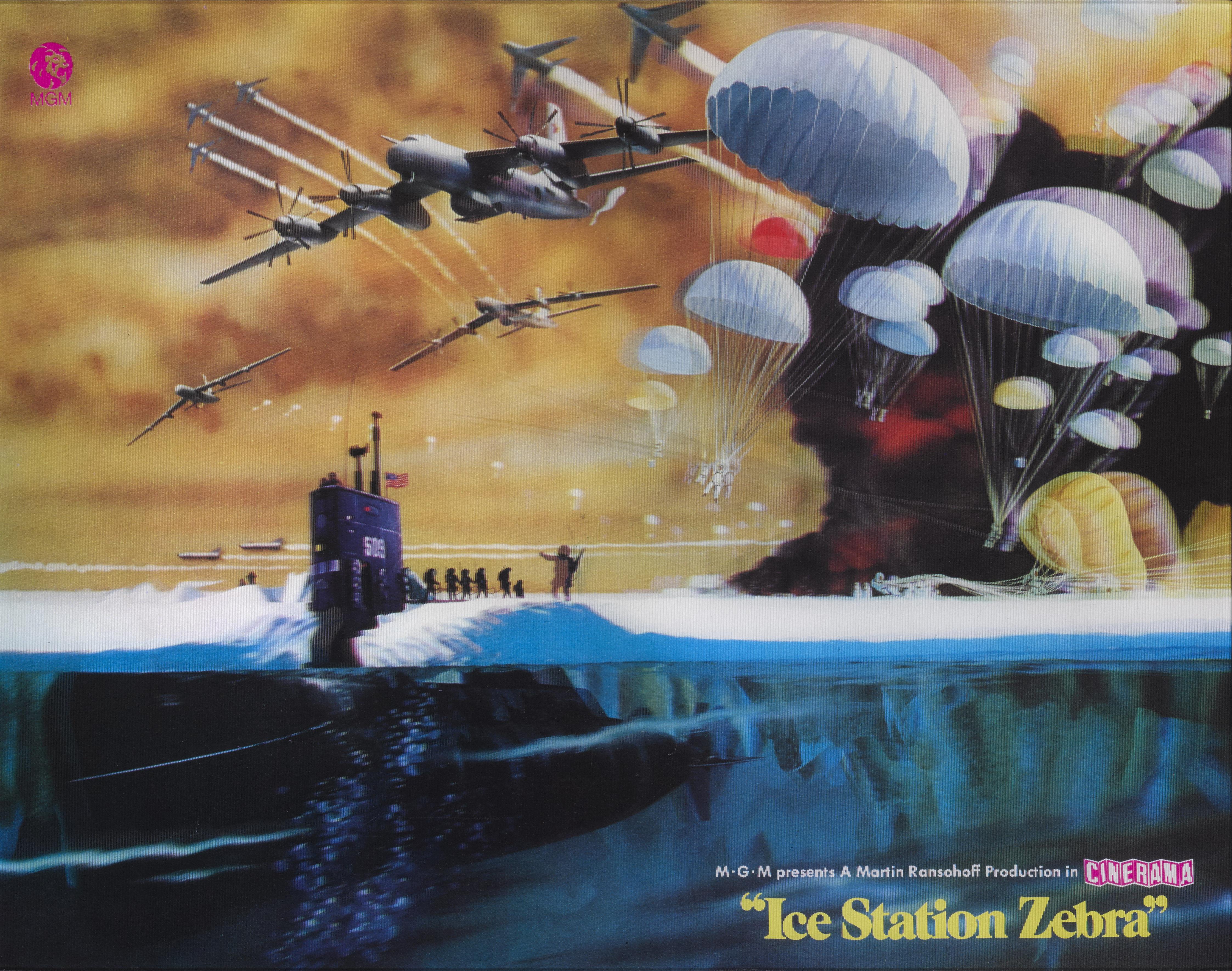 Original US 3D lenticular lobby display for the 1968 film Ice Station Zebra.
This film was directed by John Sturges, and stars Rock Hudson, Patrick McGoohan and Ernest Borgnine. The film parallels real-life events in 1959, where the USN have been