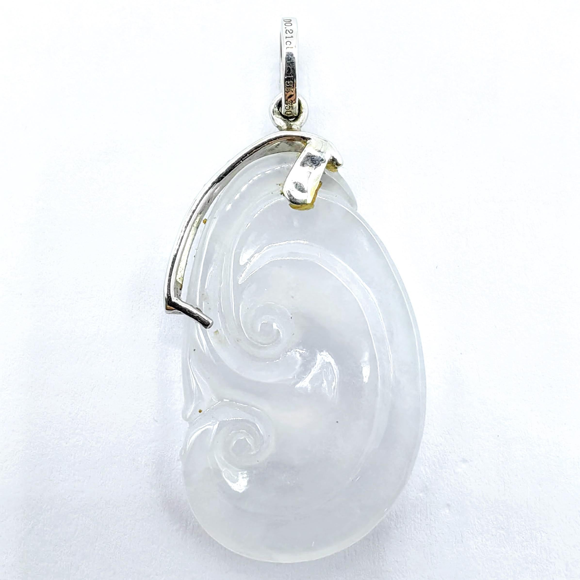 Mixed Cut Ice White Translucent Jadeite Jade Ruyi Diamond Pendant in 18K White Gold For Sale
