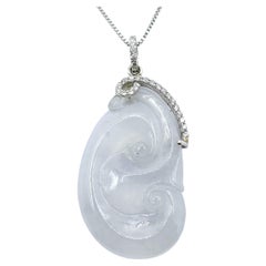 Ice White Translucent Jadeite Jade Ruyi Diamond Pendant in 18K White Gold
