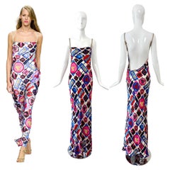 ICEBERG 2001 Vintage Runway 100% Silk Crystal Strap Backless Gown Maxi Dress