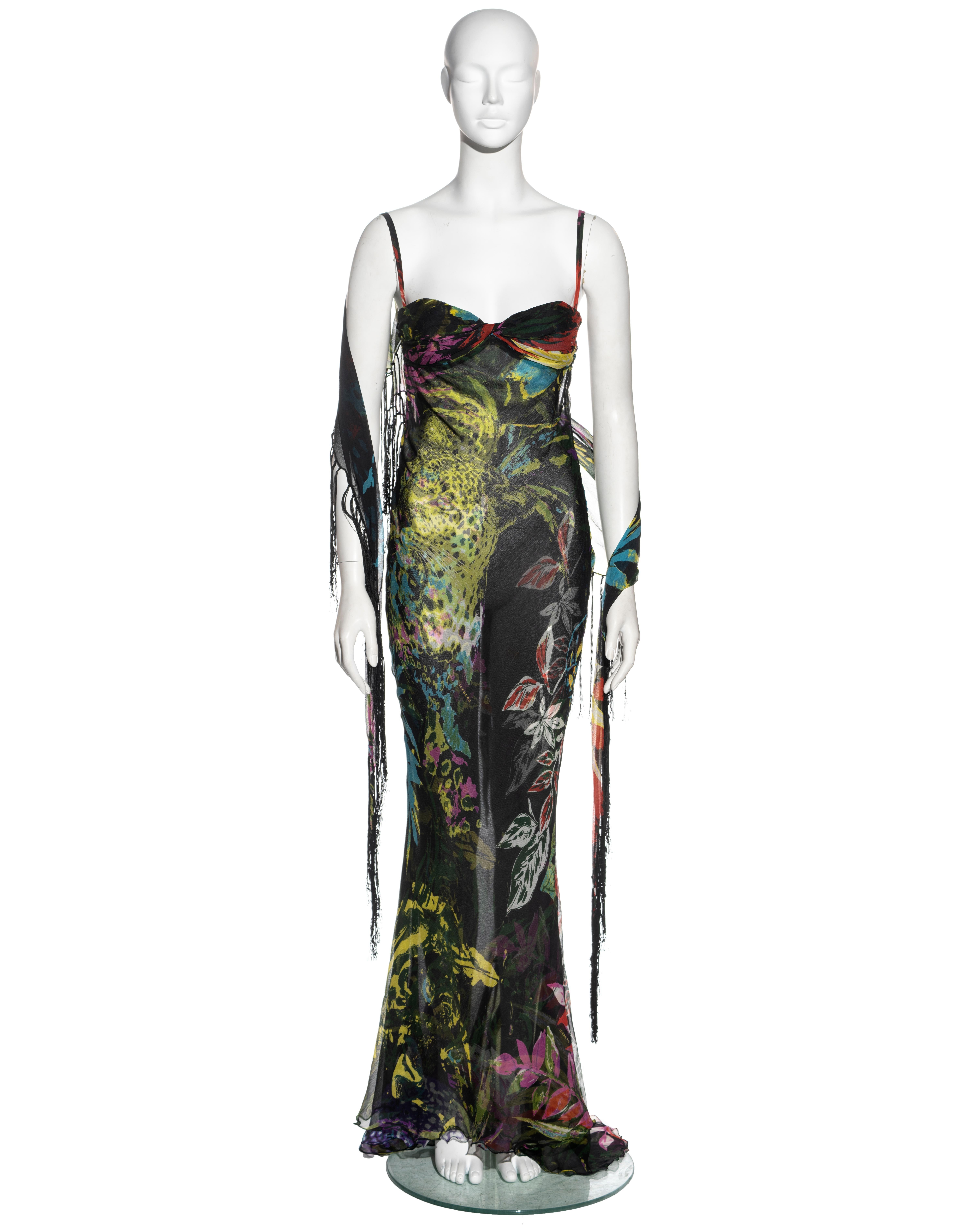 ▪ Iceberg maxi dress
▪ Sold by One of a Kind Archive
▪ Constructed from bias-cut silk chiffon with multicoloured jungle print
▪ Built-in bra with adjustable shoulder straps 
▪ Open low back 
▪ Long ties fasten with a knot at the back 
▪ Matching