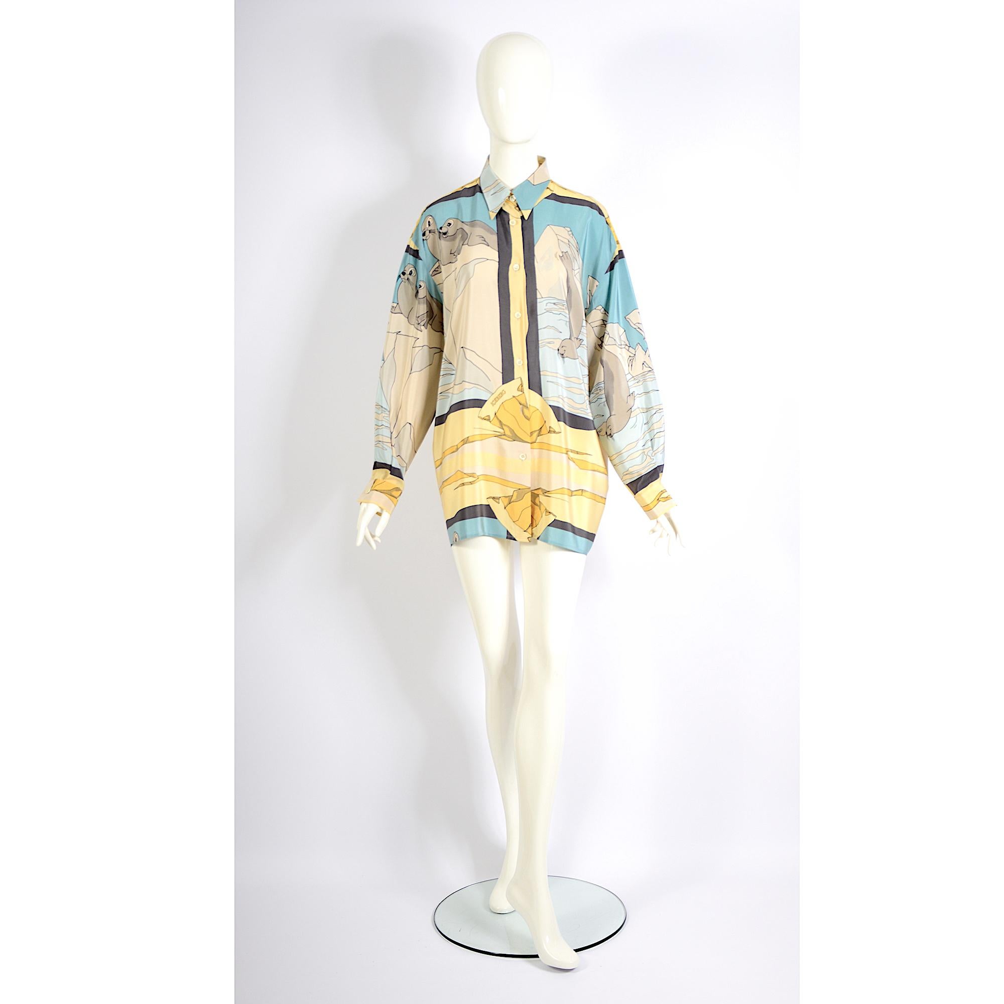 Jean-Charles de Castelbajac per Iceberg camicia oversize in seta con stampa leone marino anni '80 in vendita 5