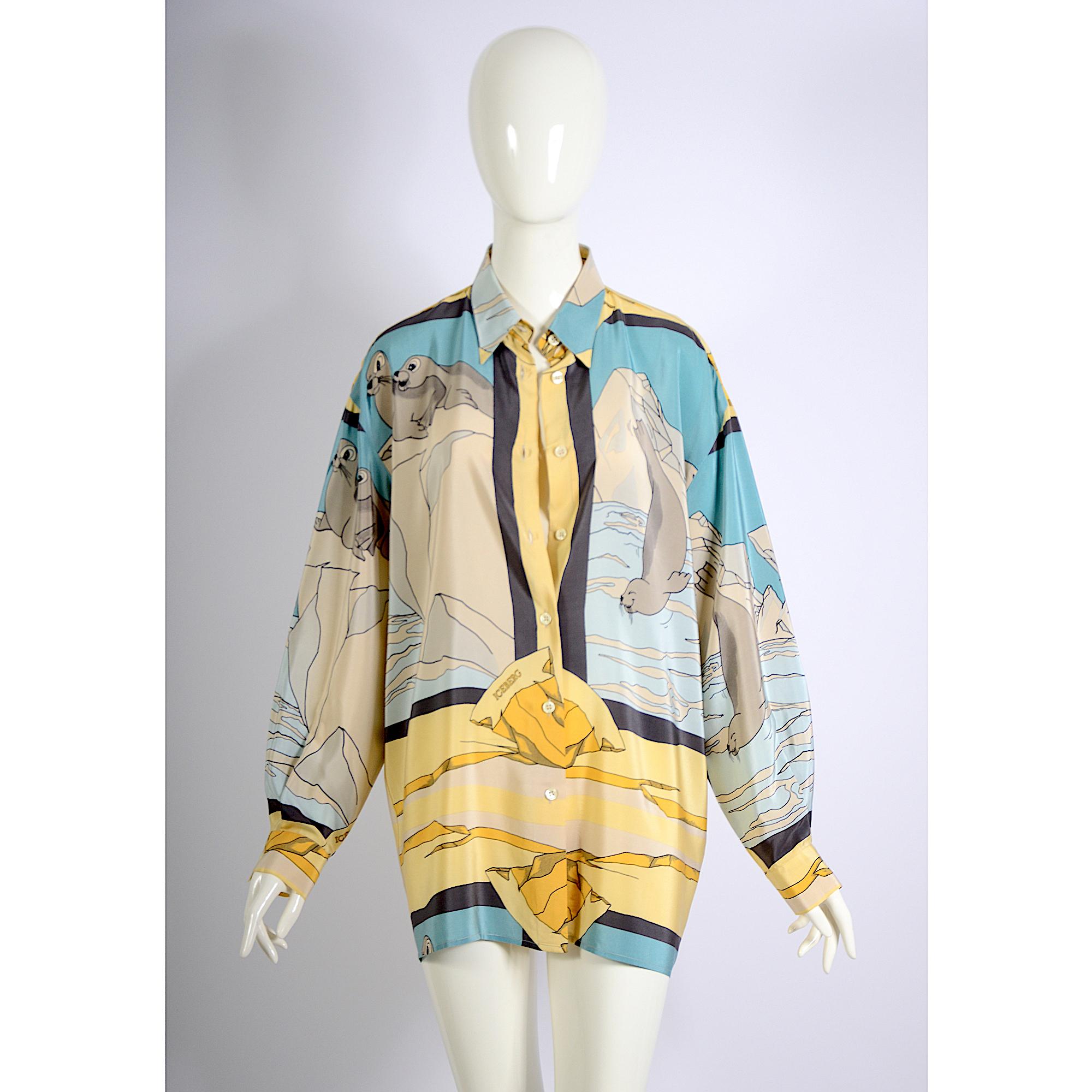 Jean-Charles de Castelbajac per Iceberg camicia oversize in seta con stampa leone marino anni '80 in vendita 7
