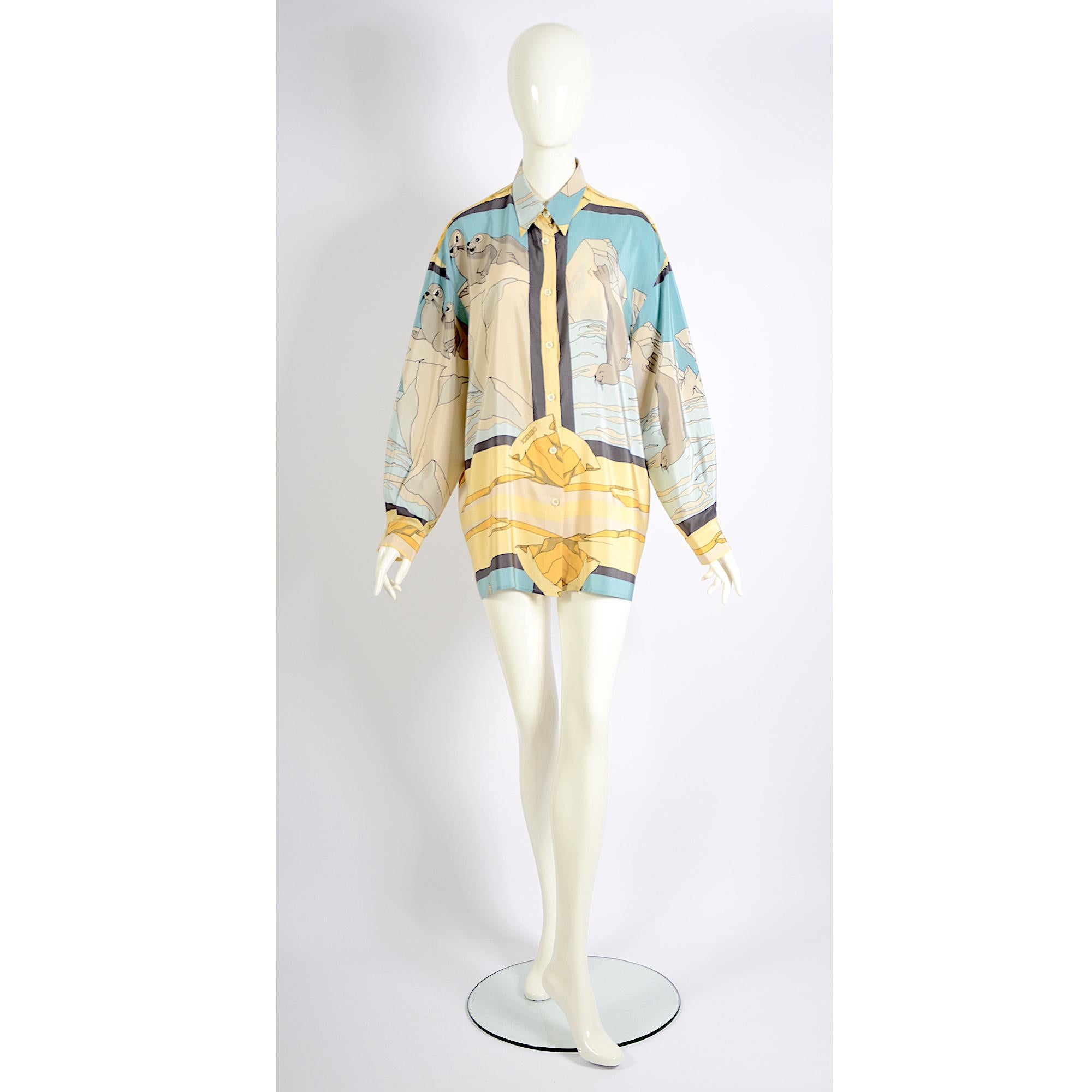 Iceberg di Jean-Charles de Castelbajac, collezione anni '80, camicia oversize in seta con stampa di leoni marini. 
Questi capi d'abbigliamento vintage sono il motivo per cui sono attratta dal vintage: l'eccezionale qualità dei tessuti, le stampe