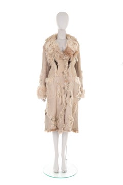 Iceberg F/W 2002 beige Mongolian fur shearling coat with leather appliqués