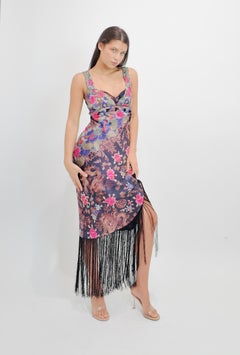 Iceberg Floral Print Silk Dress With Fringe Hem & Embroidered Trim