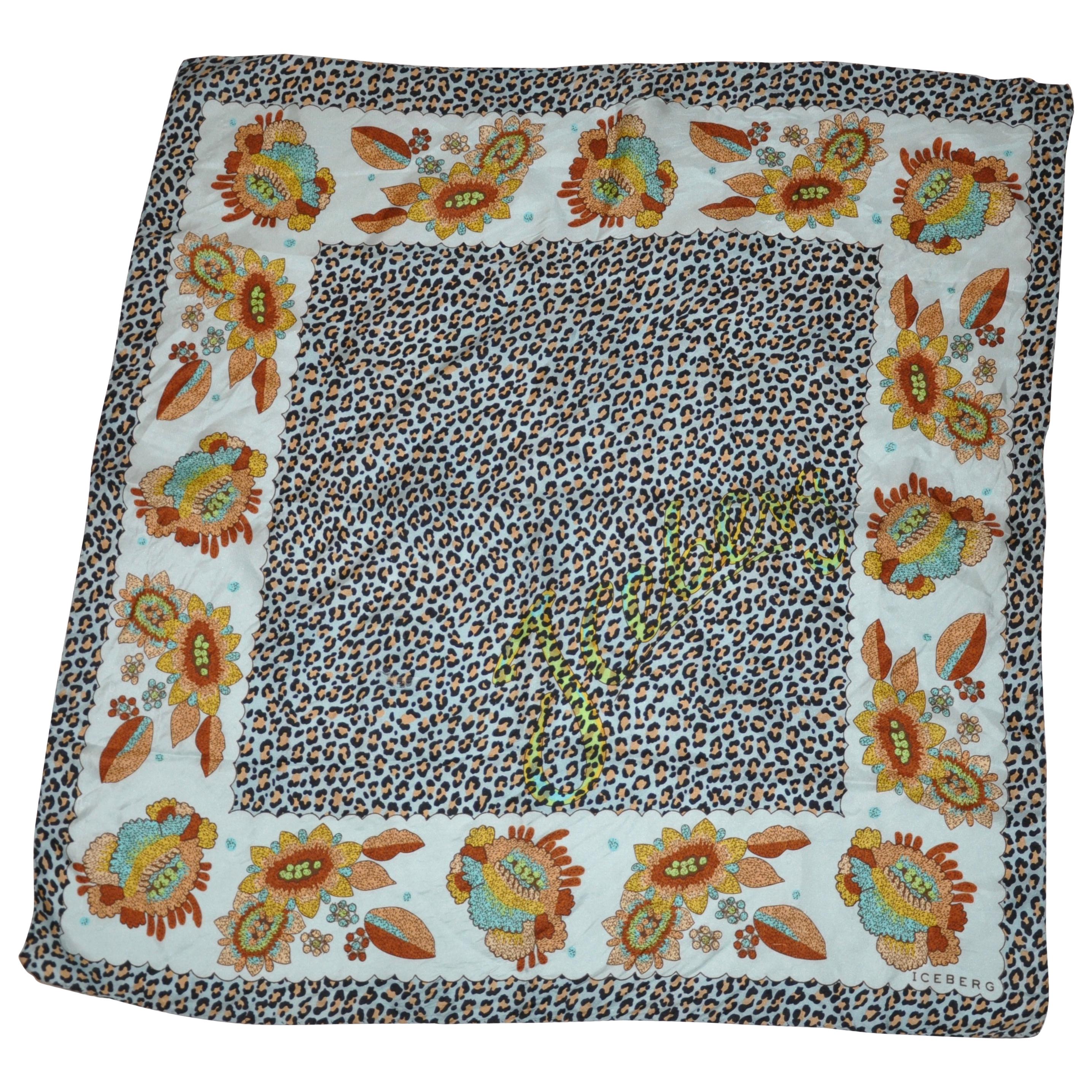 Iceberg  Shades of Blue "Leopard & Floral" Silk Scarf For Sale