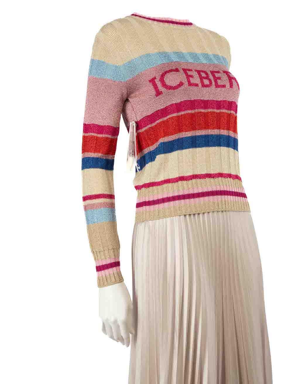 CONDITION is Never worn, with tags. No visible wear to jumper is evident on this new Iceberg designer resale item.
 
 Details
 Multicolour- beige, blue, red, pink
 Viscose
 Knit top
 Striped pattern
 Metallic thread
 Long sleeves
 Round neck
 Logo