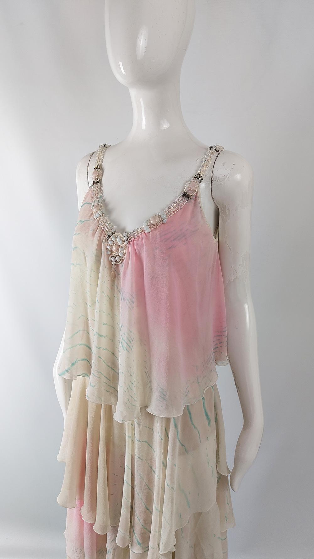 Iceberg Vintage Cream & Pink Ombré Dye Silk Chiffon Floaty Beaded Dress, 2000s In Good Condition For Sale In Doncaster, South Yorkshire