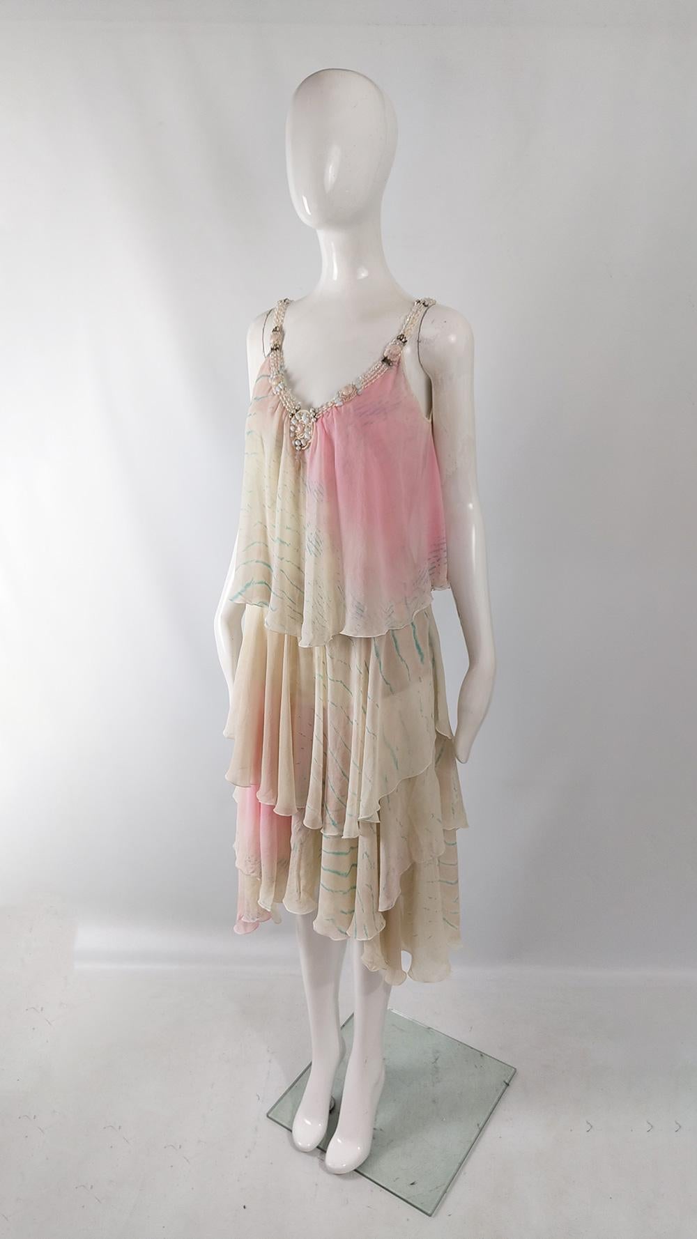 Iceberg Vintage Cream & Pink Ombré Dye Silk Chiffon Floaty Beaded Dress, 2000s For Sale 1