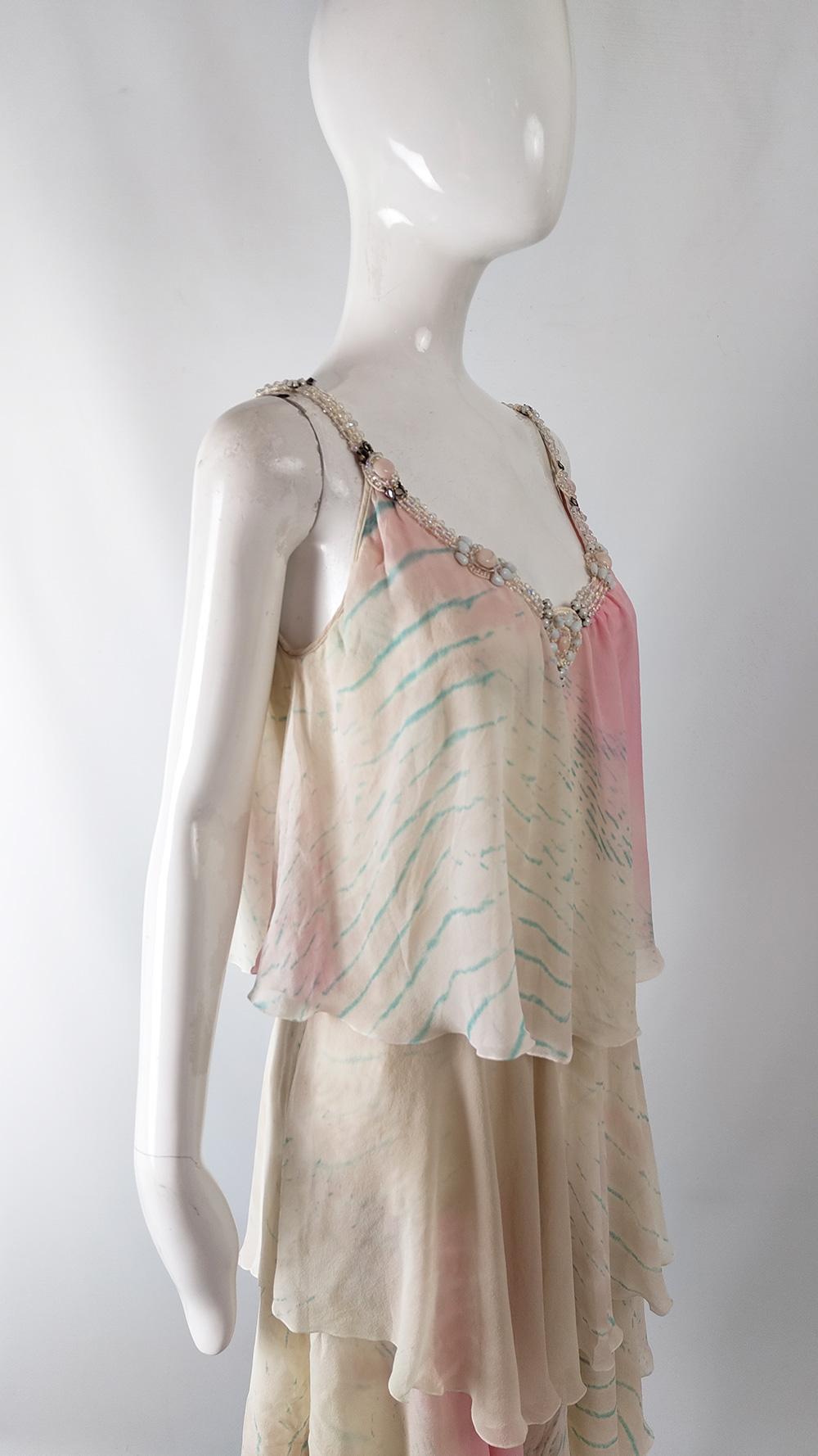 Iceberg Vintage Cream & Pink Ombré Dye Silk Chiffon Floaty Beaded Dress, 2000s For Sale 2