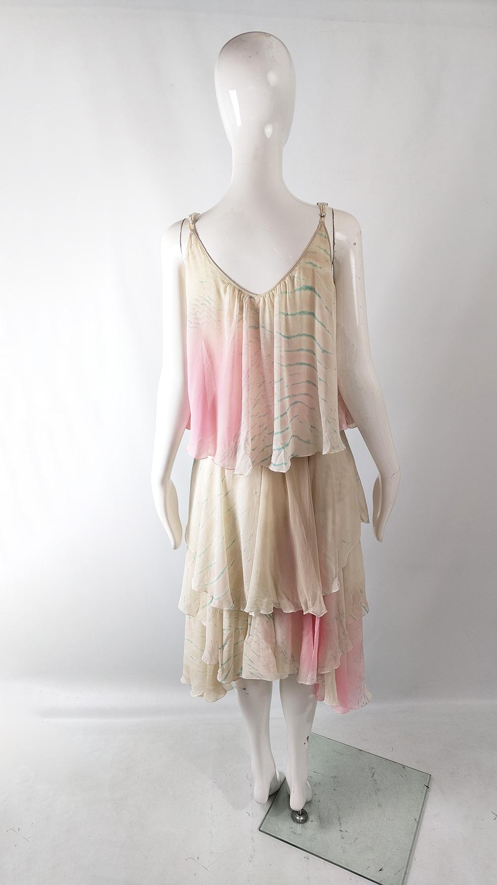 Iceberg Vintage Cream & Pink Ombré Dye Silk Chiffon Floaty Beaded Dress, 2000s For Sale 3