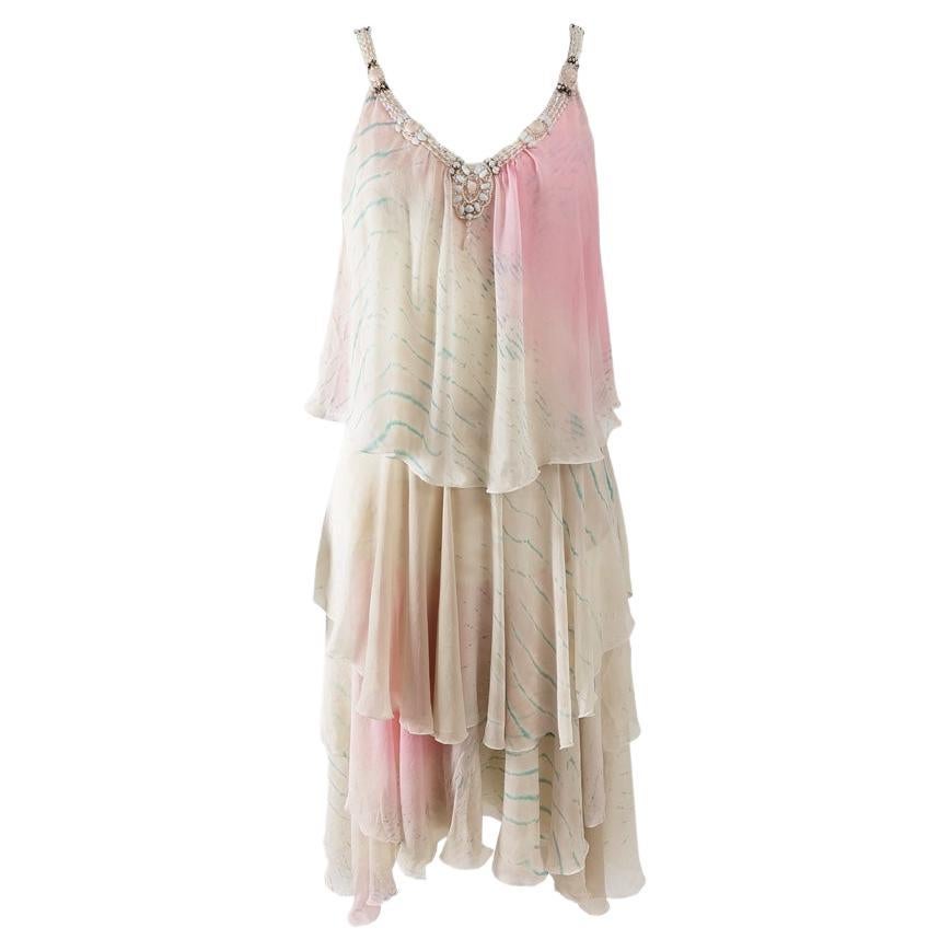Iceberg Vintage Cream & Pink Ombré Dye Silk Chiffon Floaty Beaded Dress, 2000s For Sale