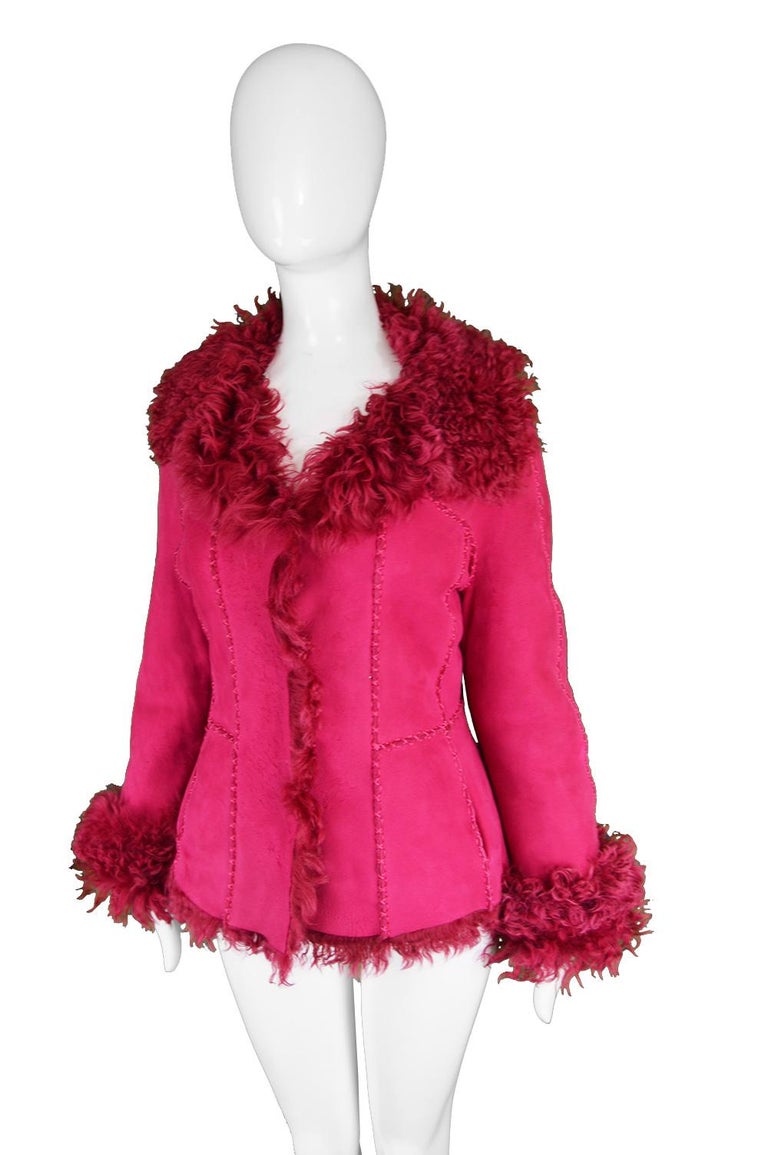 Iceberg Vintage Curly Shearling Sheepskin Fuchsia Pink Bomber Jacket