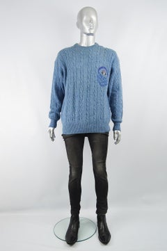 Iceberg Vintage 'Man & Nature' Blue Wool Men's Unisex Cable Knit Jumper, 1990s