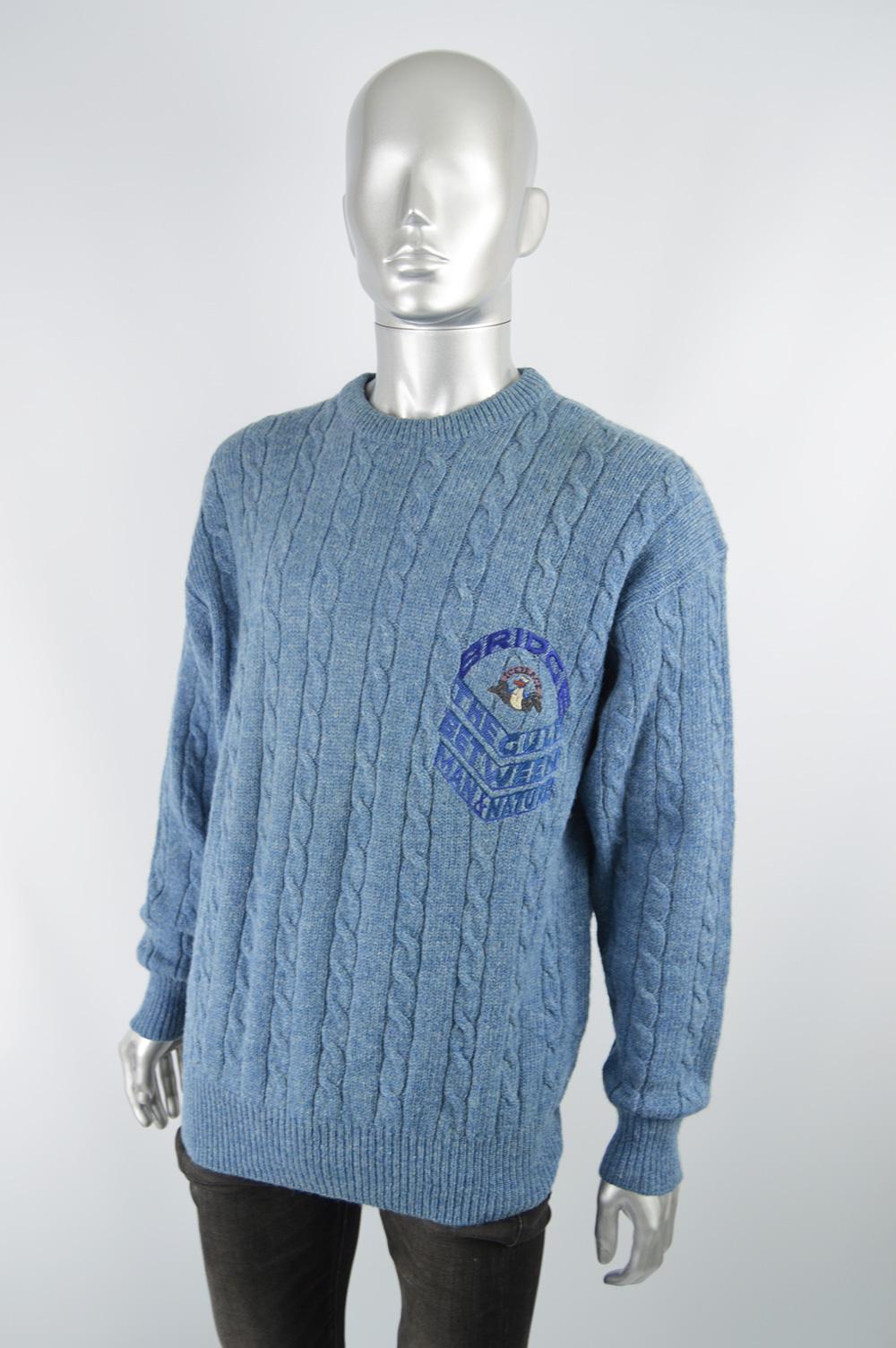 Iceberg Vintage 'Man & Nature' Blue Wool Men's Unisex Cable Knit Jumper, 1990s In Excellent Condition In Doncaster, South Yorkshire