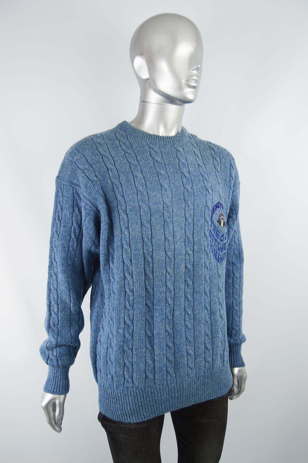 Iceberg Vintage 'Man & Nature' Blue Wool Men's Unisex Cable Knit Jumper, 1990s 4
