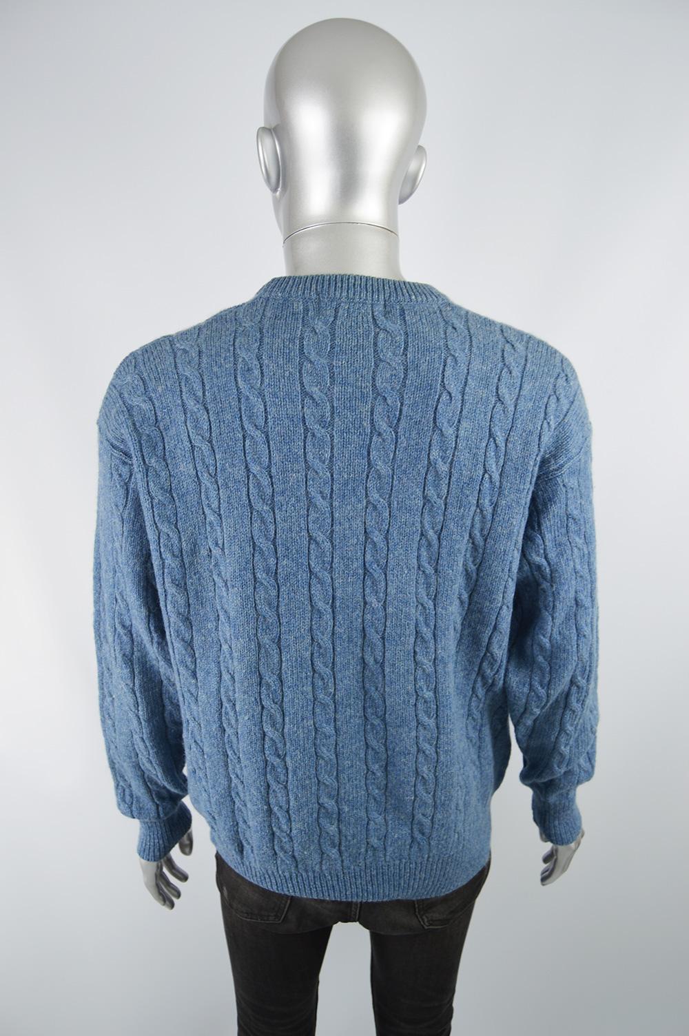 Iceberg Vintage 'Man & Nature' Blue Wool Men's Unisex Cable Knit Jumper, 1990s 5
