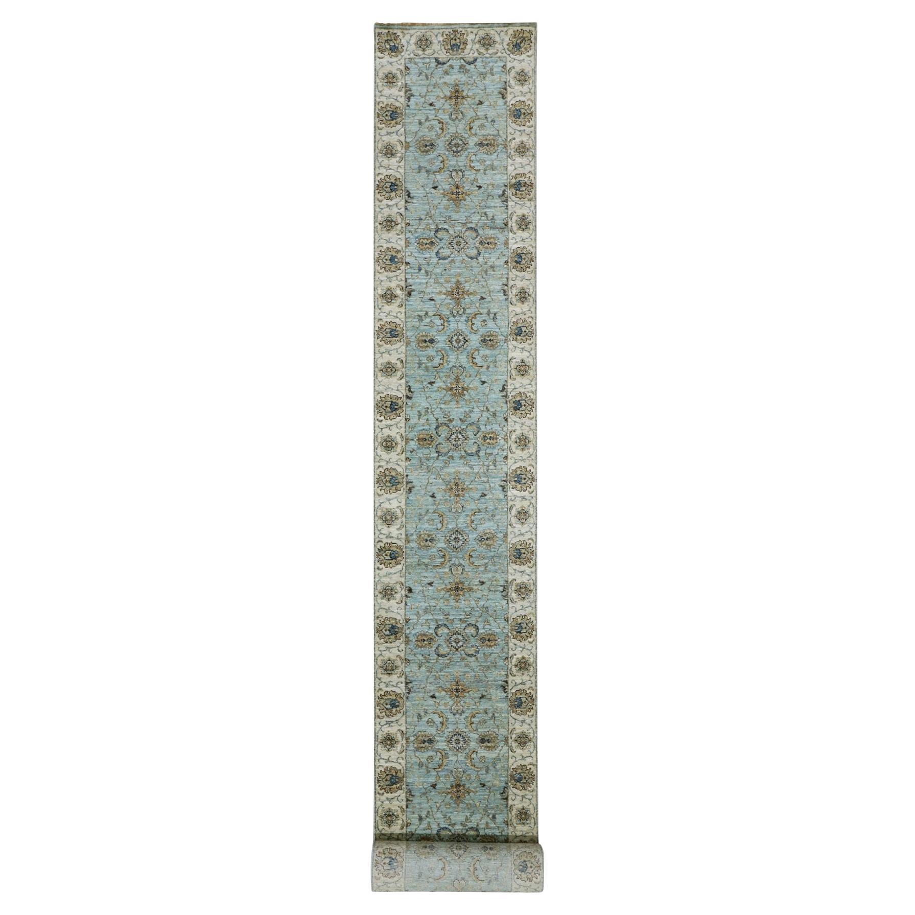 Iced Aqua Blue Wool Hand Knotted Shah Abbas Design XL Runner Rug 2'6" x 22'0"