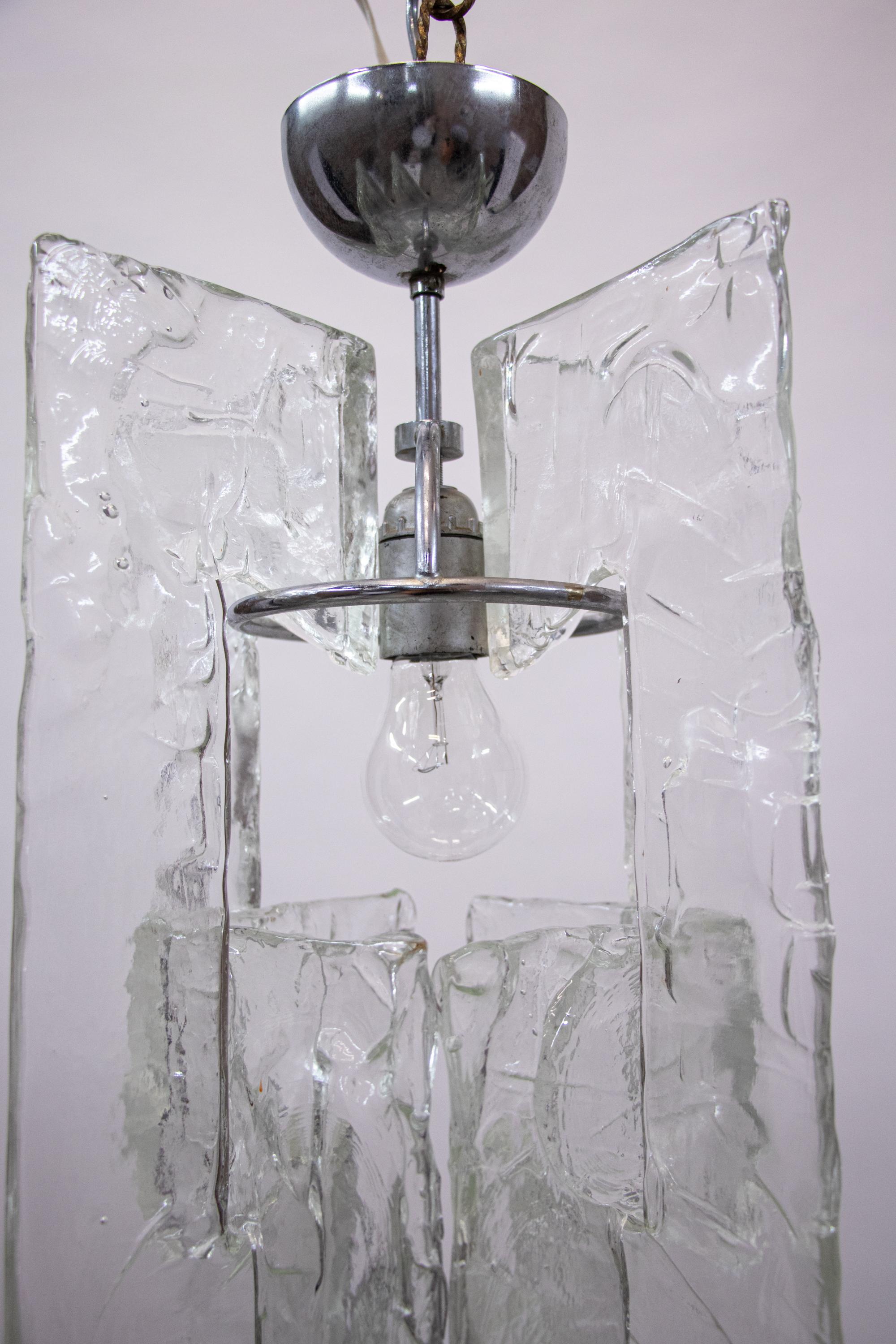 Mid-20th Century 1960 Italy Mazzega Iced Pendant Chandelier Murano Glass & Chrome by Carlo Nason For Sale