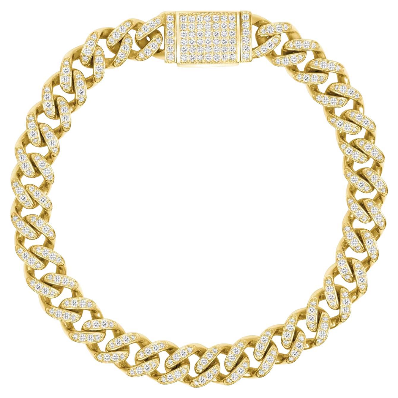 Cuban Link Round Diamond 14K Yellow Gold Bracelet