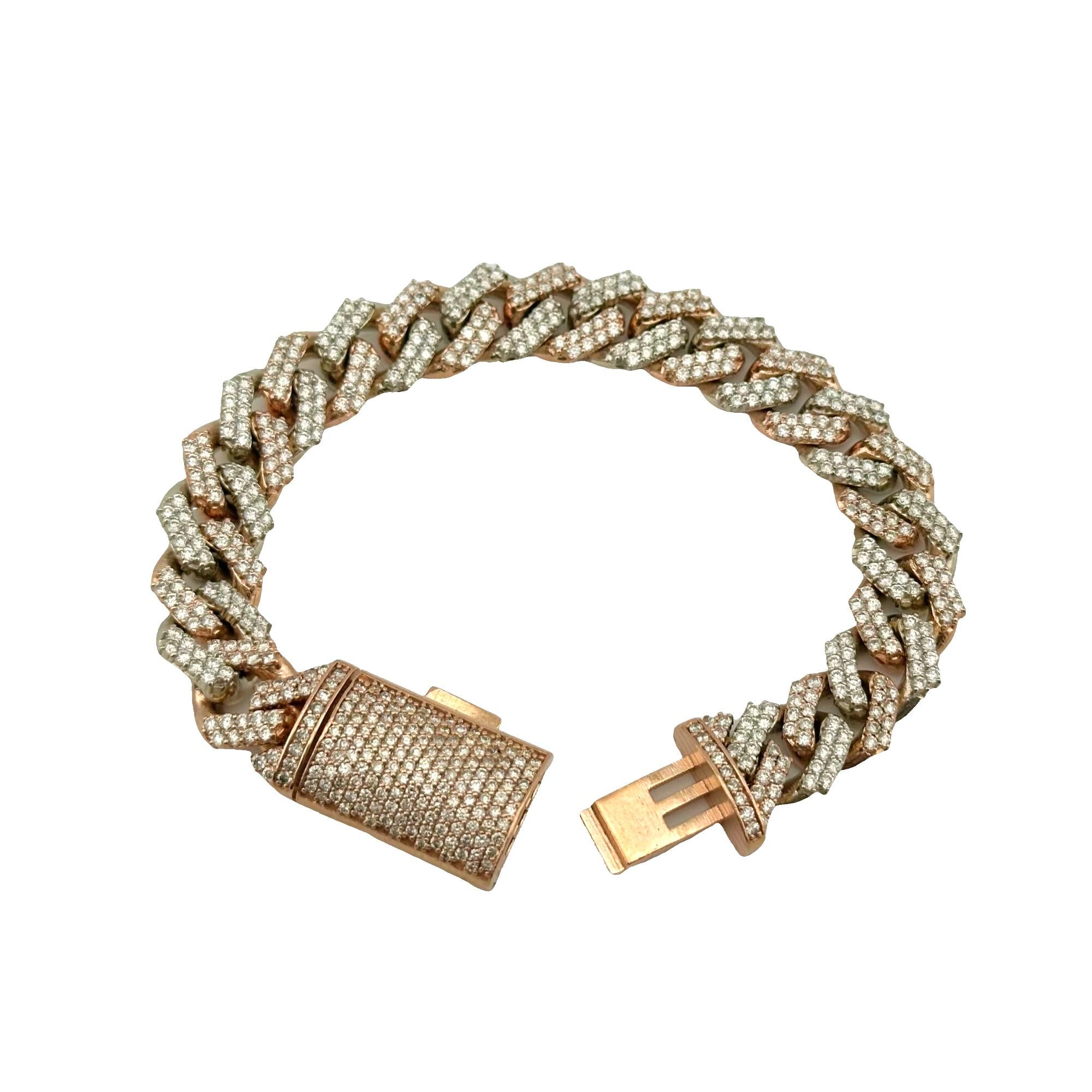 Bracciale Cuban Link in oro bianco e rosa 10k con diamanti Iced Out, largo 13 mm e lungo 8