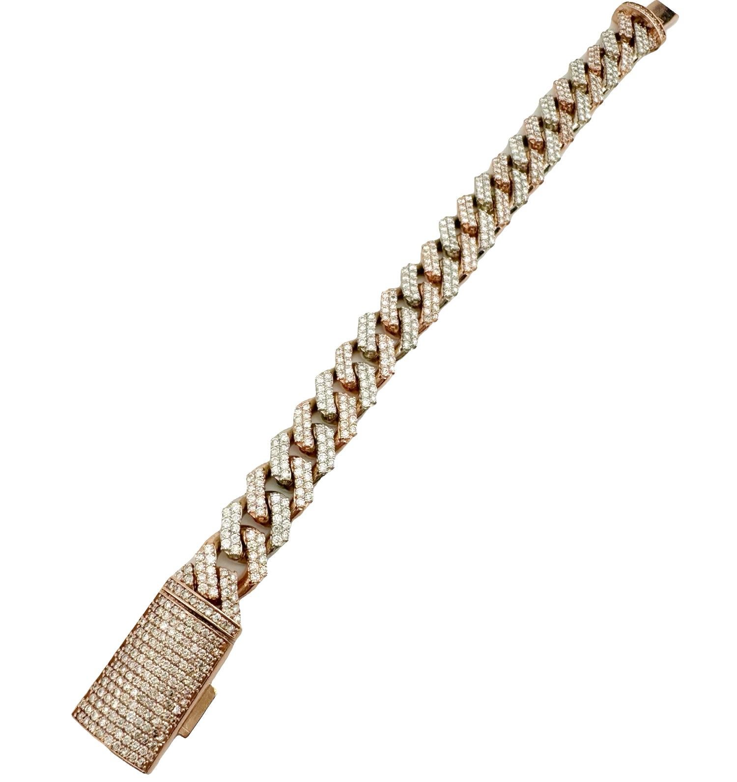 Taglio rotondo Bracciale Cuban Link in oro bianco e rosa 10k con diamanti Iced Out, largo 13 mm e lungo 8