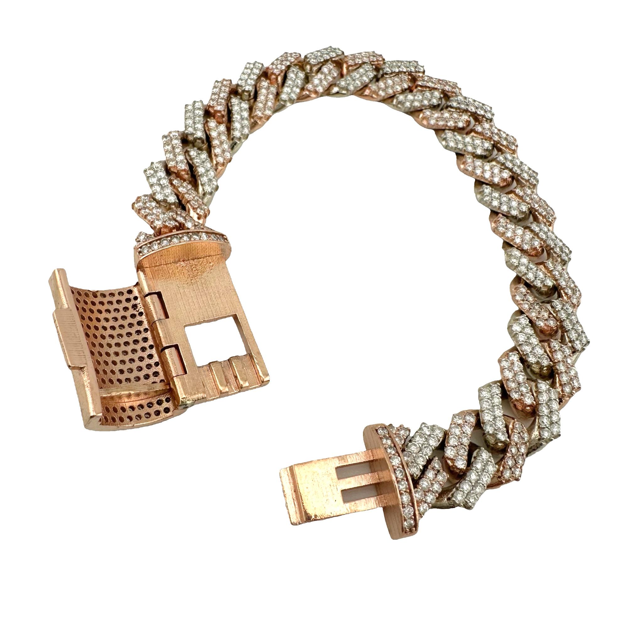 Bracciale Cuban Link in oro bianco e rosa 10k con diamanti Iced Out, largo 13 mm e lungo 8