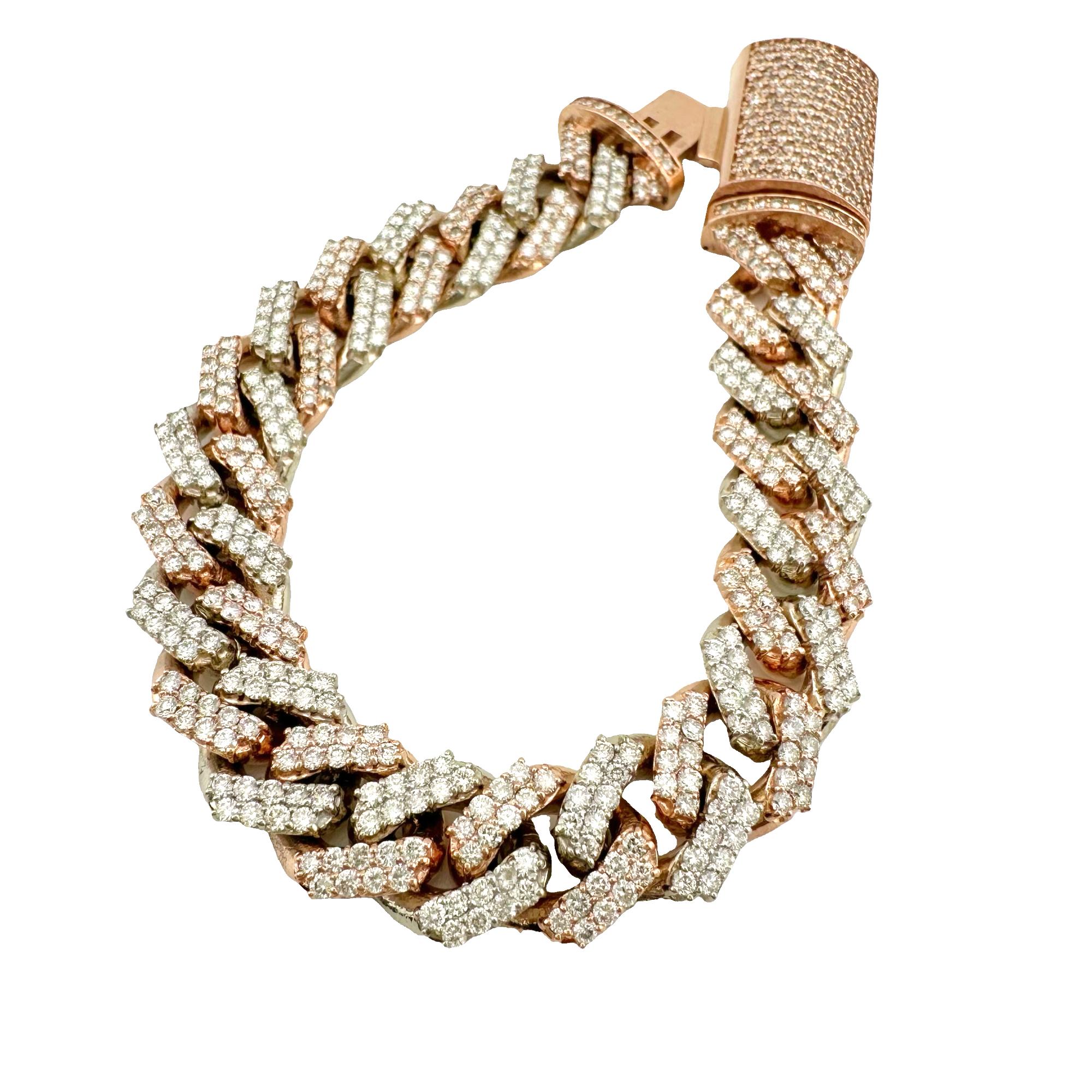 Bracciale Cuban Link in oro bianco e rosa 10k con diamanti Iced Out, largo 13 mm e lungo 8