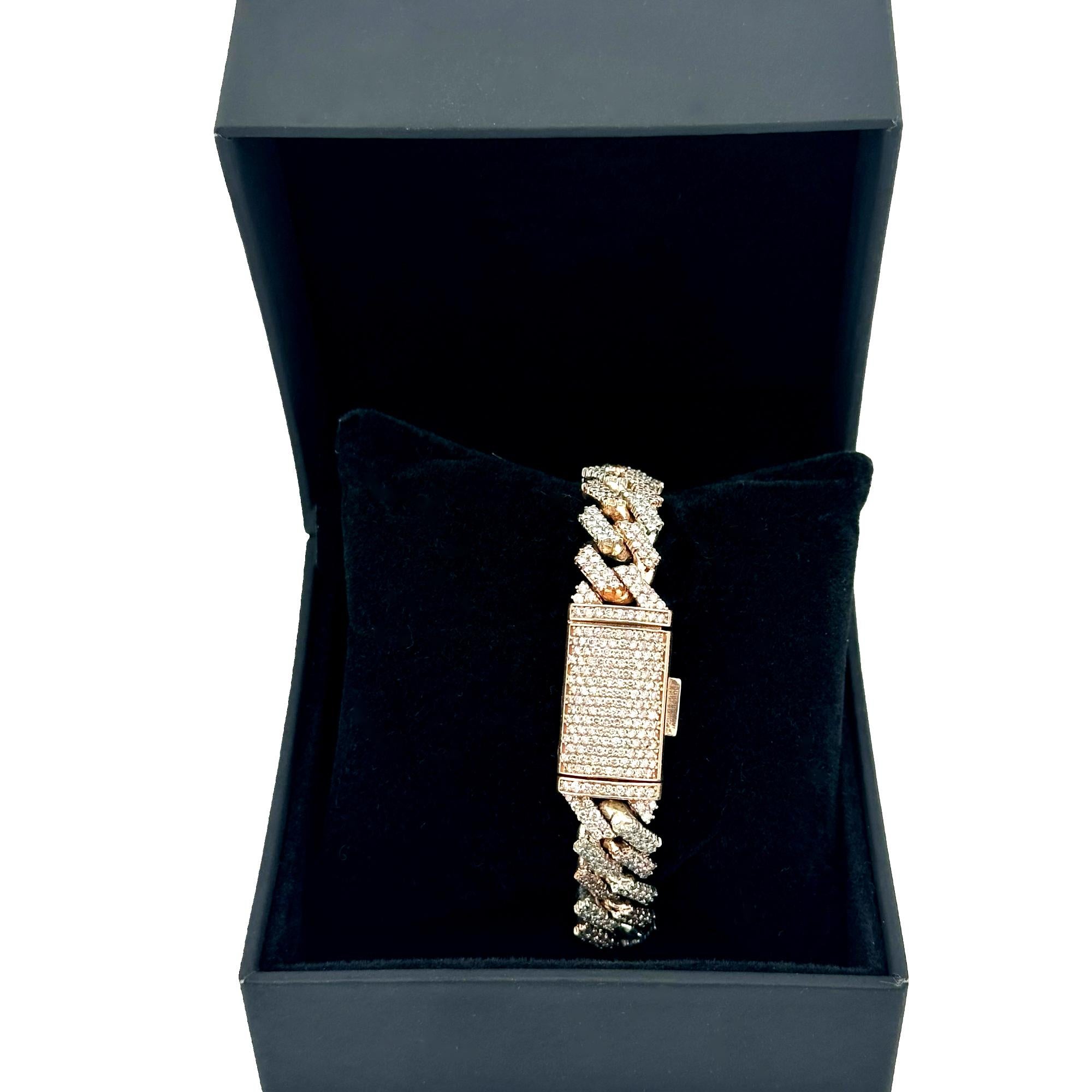 Bracciale Cuban Link in oro bianco e rosa 10k con diamanti Iced Out, largo 13 mm e lungo 8