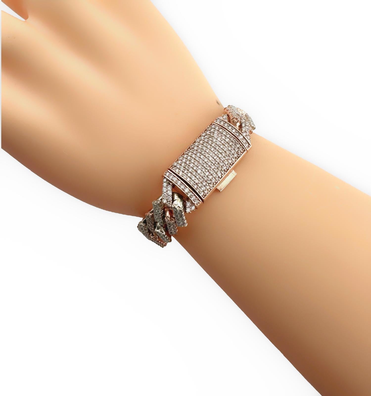 Bracciale Cuban Link in oro bianco e rosa 10k con diamanti Iced Out, largo 13 mm e lungo 8