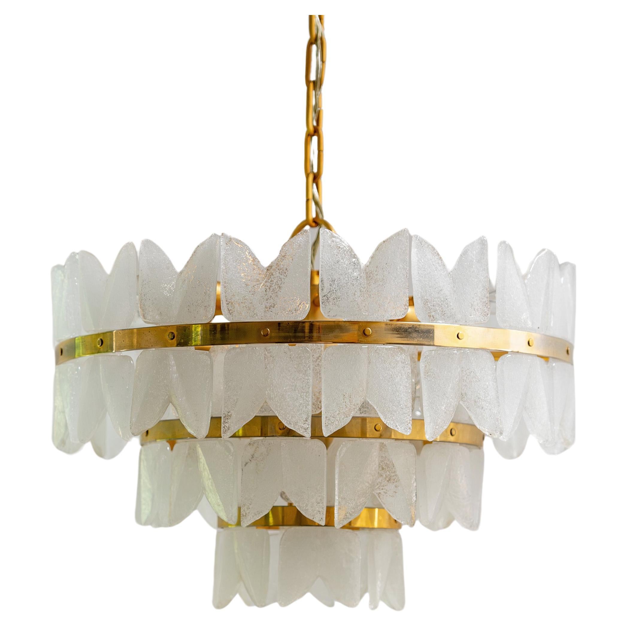 Iceglas and Brass Chandelier "Corina" by Kalmar Austria, Hollywood Regency 1960s