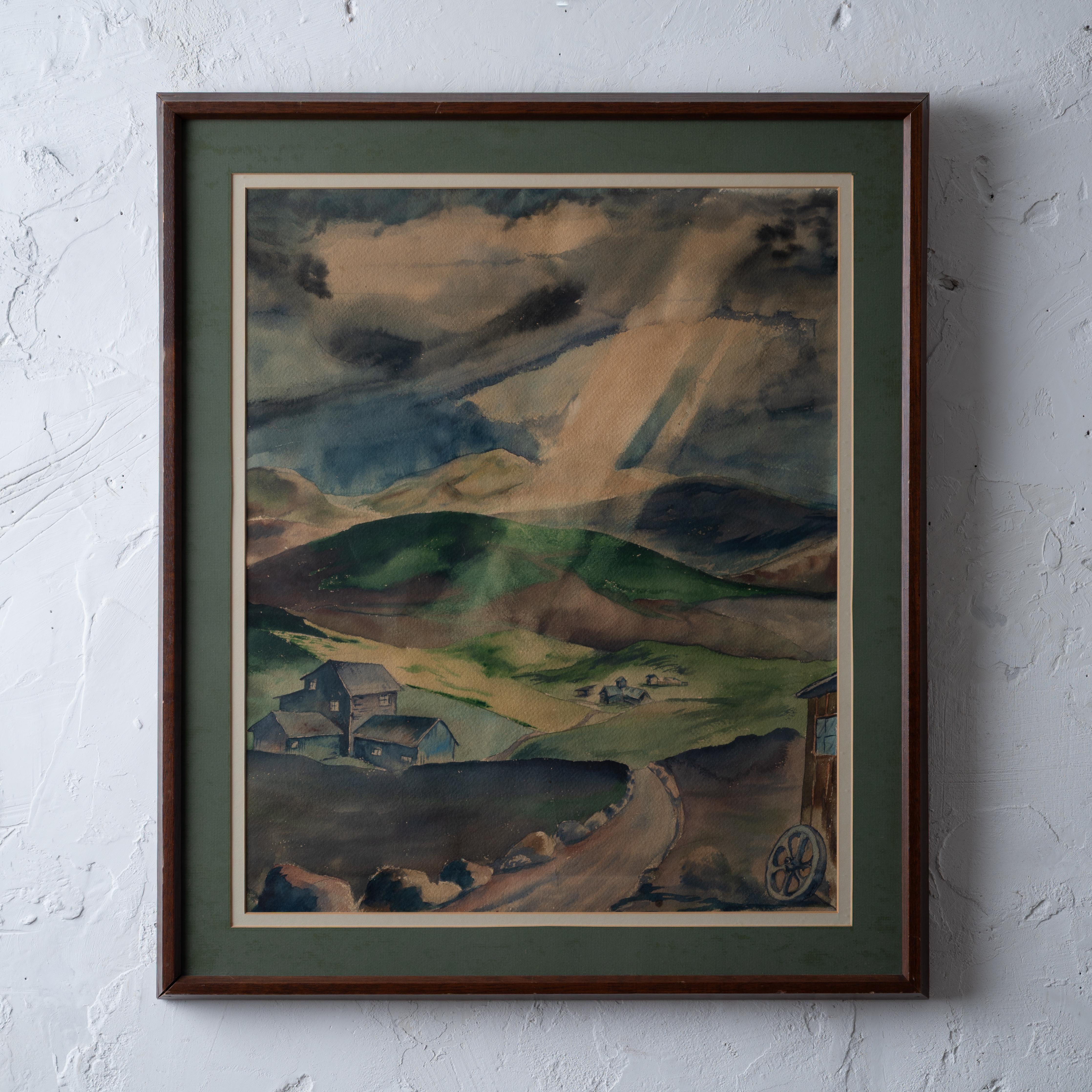 Une aquarelle représentant une ferme dans la campagne islandaise.  Le tableau a été offert par l'artiste Thomas B. Gay, qui faisait partie de la 624e compagnie de camouflage d'Artistics, stationnée à Reykjavik, en Islande, en 1943. Camouflage