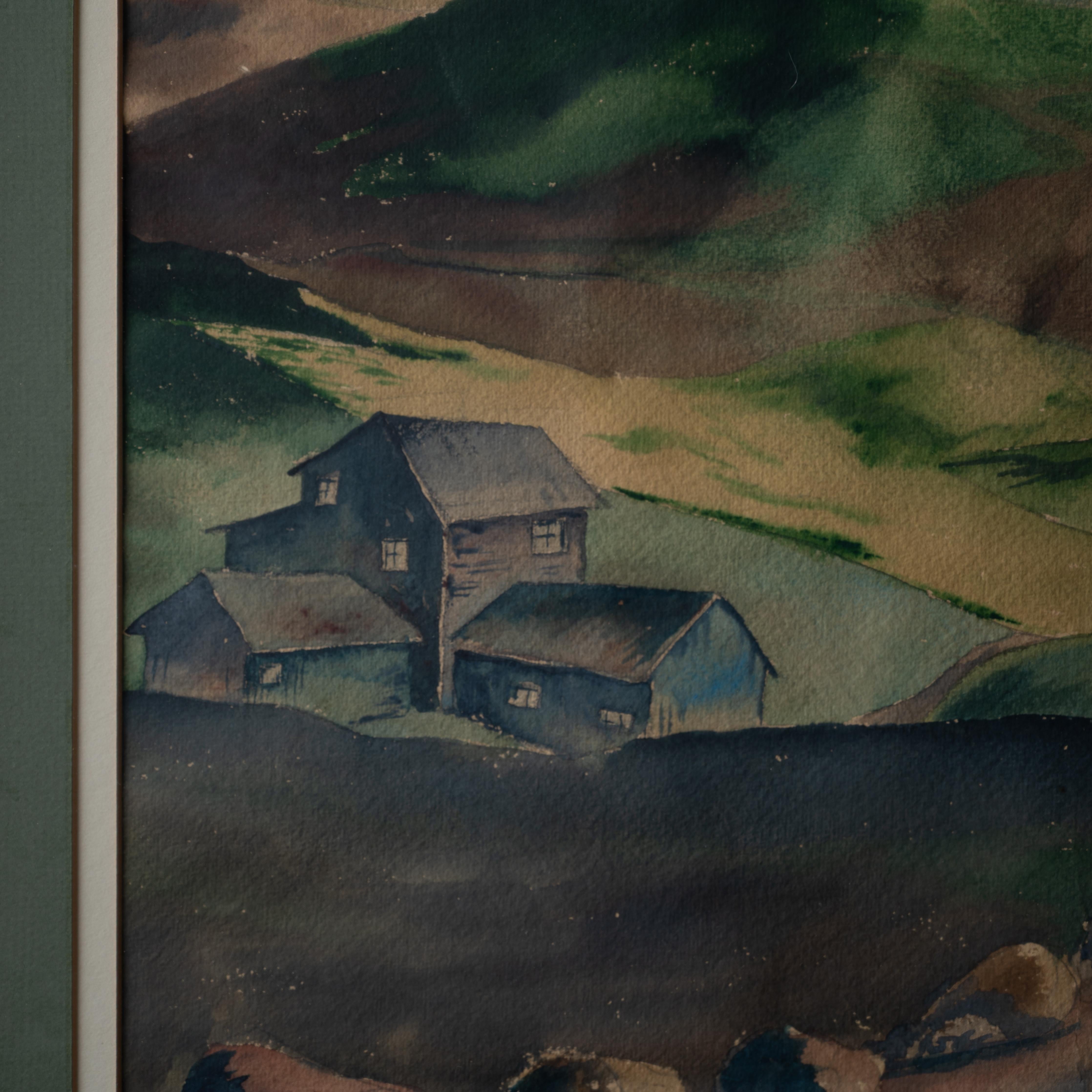 Milieu du XXe siècle Campagne islandaise, aquarelle de Thomas B. C. C. 1943 en vente