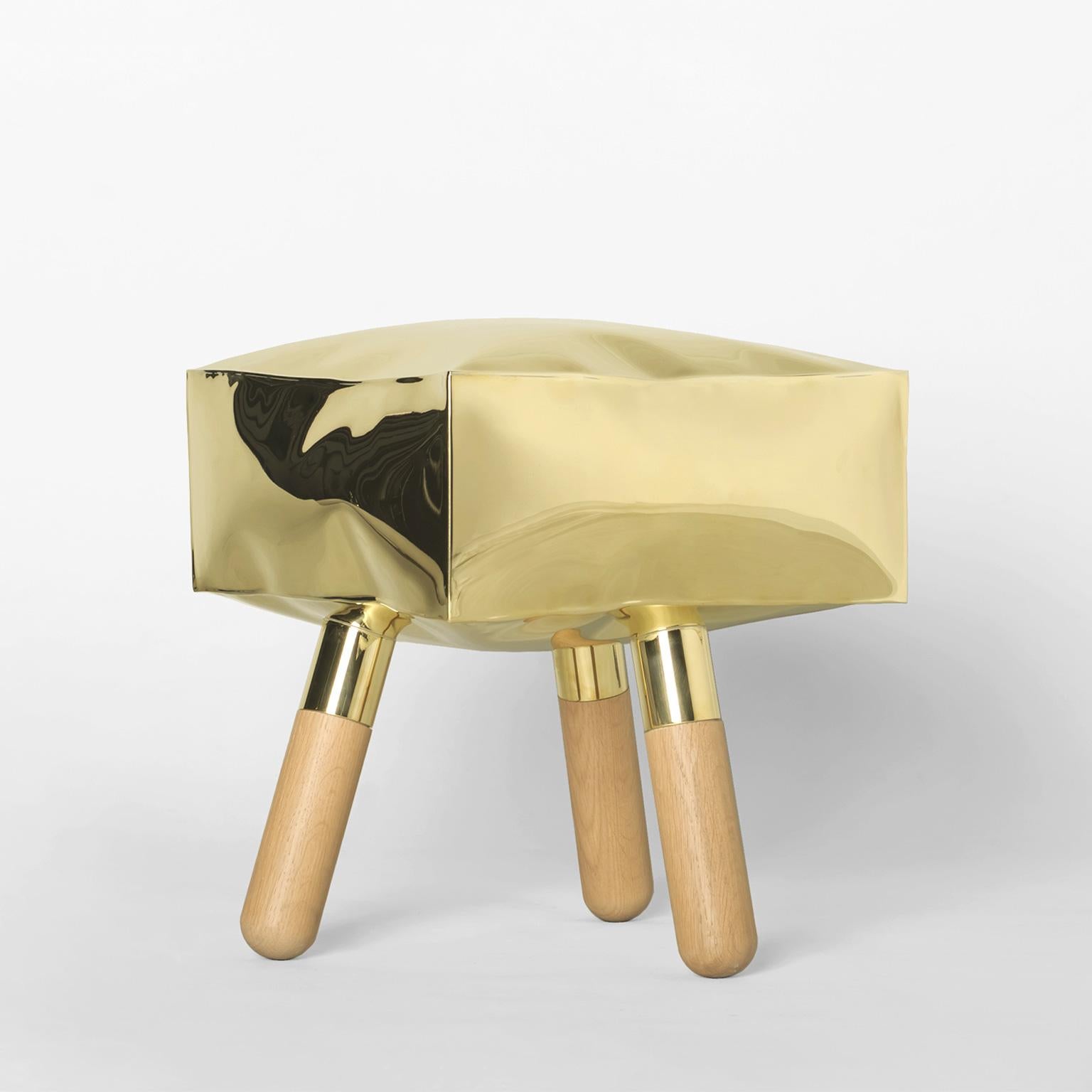 Polished Contemporary Limited Edition Wood Brass Stool, Icenine V1 by Edizione Limitata