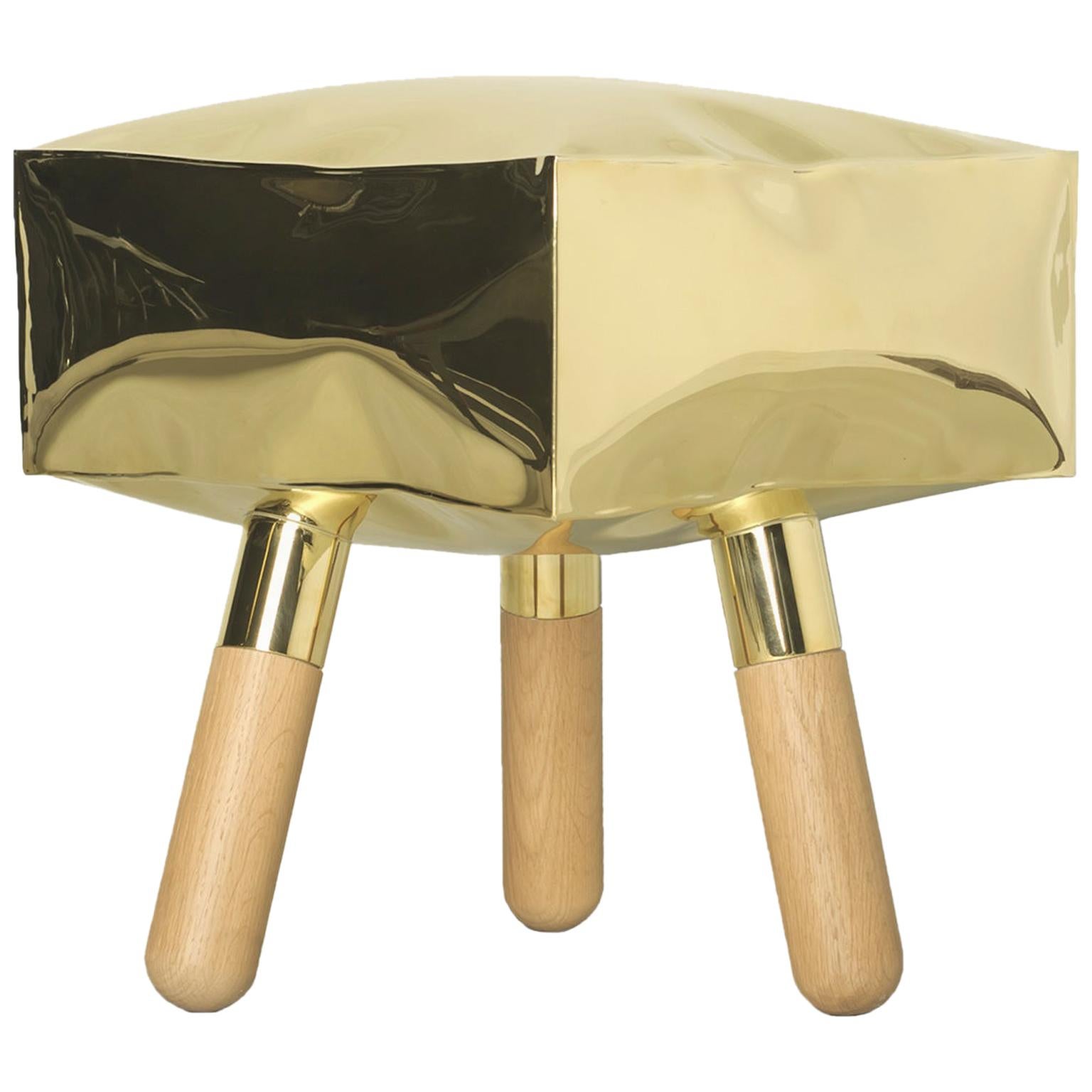 Contemporary Limited Edition Wood Brass Stool, Icenine V1 by Edizione Limitata