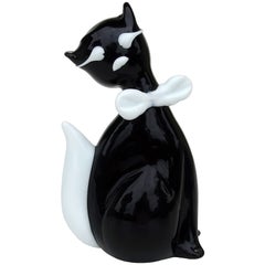 Cat Paperweight Figurine Black White Art Glass Abstract Signed ICET Murano 